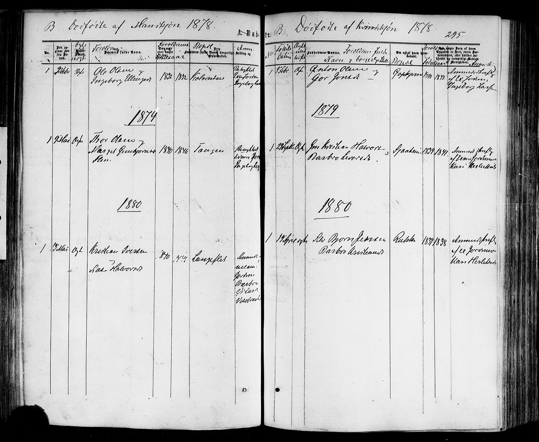 Nes kirkebøker, SAKO/A-236/F/Fa/L0010: Parish register (official) no. 10, 1864-1880, p. 295
