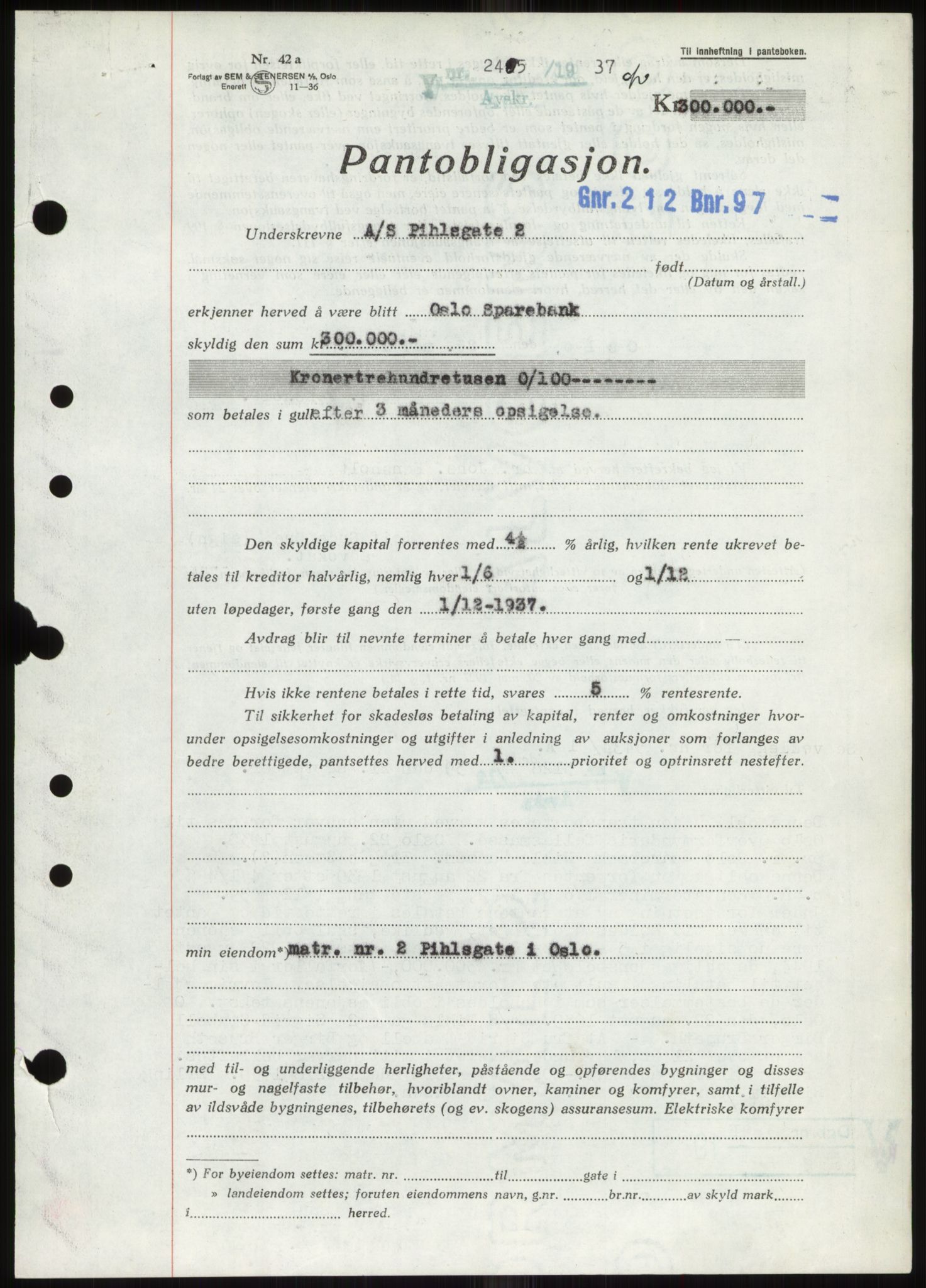 Oslo byskriverembete, AV/SAO-A-10227/G/Gb/Gbb/Gbbd/L0001: Mortgage book no. VS1, 1936-1948, Diary no: : 2405/1937