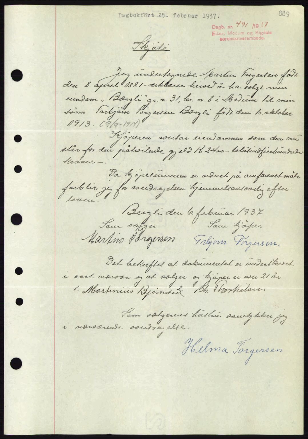 Eiker, Modum og Sigdal sorenskriveri, SAKO/A-123/G/Ga/Gab/L0034: Mortgage book no. A4, 1936-1937, Diary no: : 491/1937