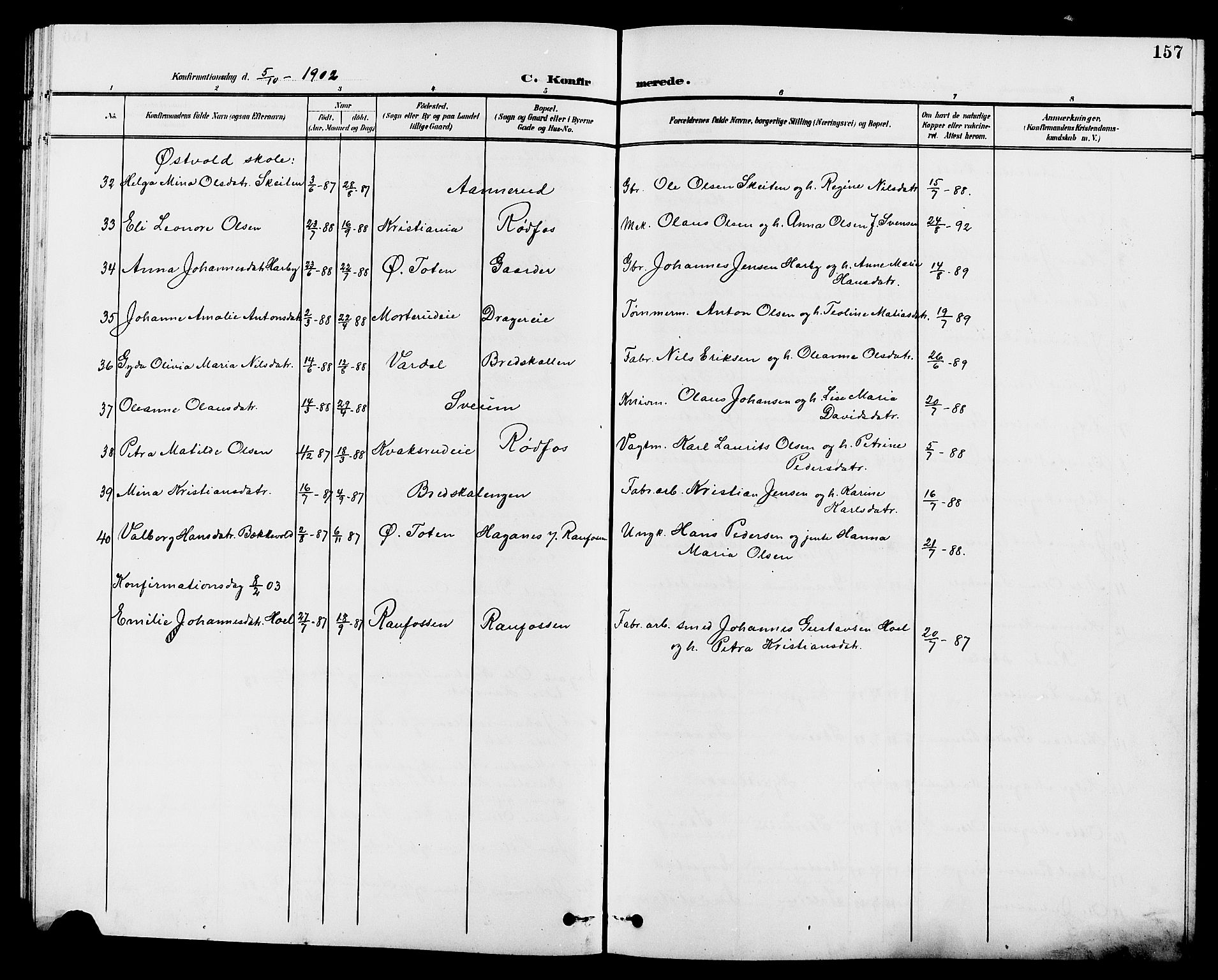 Vestre Toten prestekontor, AV/SAH-PREST-108/H/Ha/Hab/L0010: Parish register (copy) no. 10, 1900-1912, p. 157