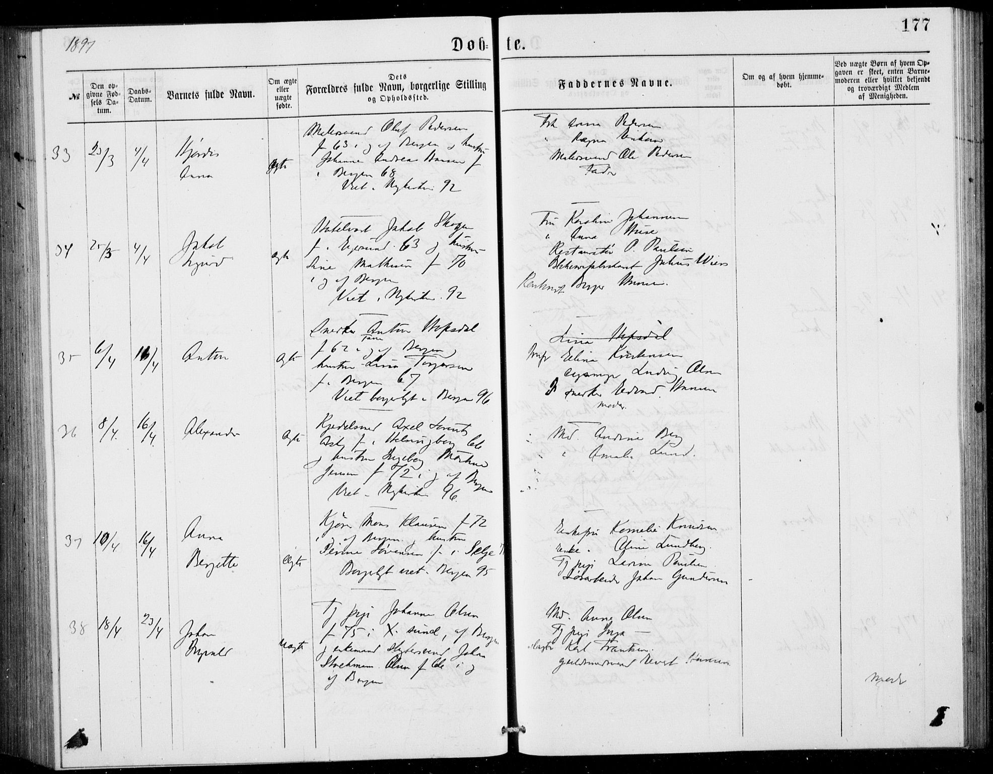 Fødselsstiftelsens sokneprestembete, ført av overlegen*, SAB/-: Parish register (official) no. A 2, 1884-1900, p. 177
