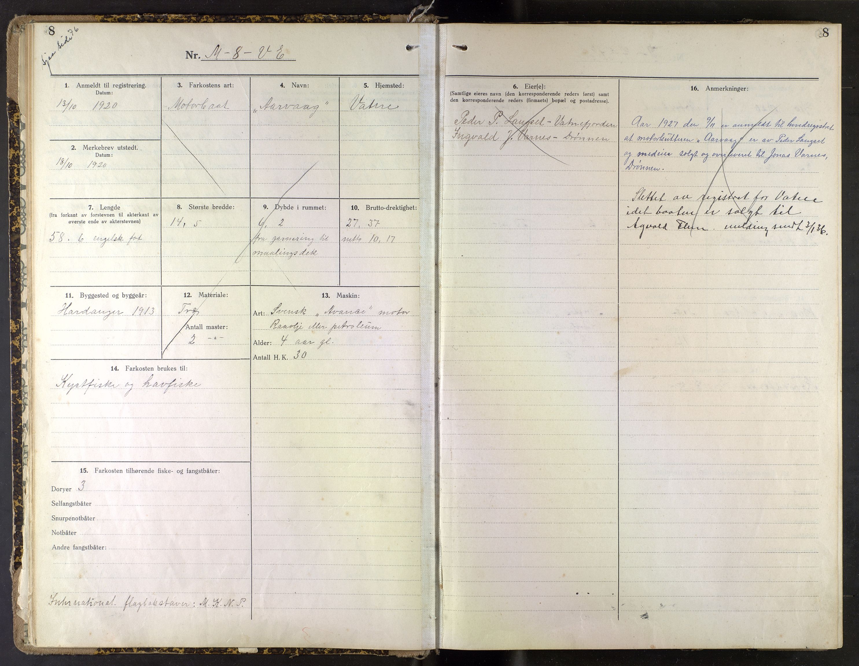 Fiskeridirektoratet - 1 Adm. ledelse - 13 Båtkontoret, AV/SAB-A-2003/I/Ia/Iaf/L0122: 135.0659/1 Merkeprotokoll - Vatne, 1920-1953