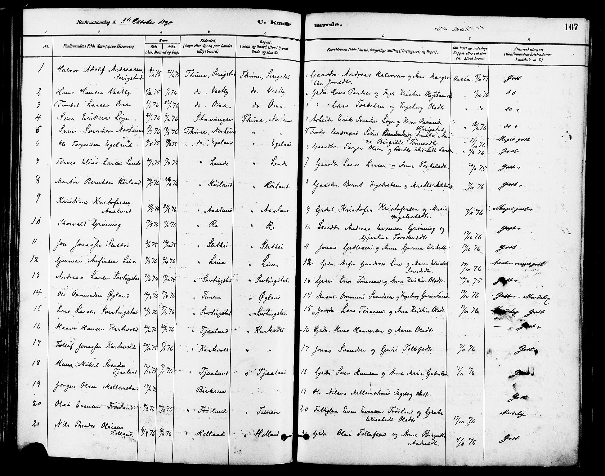 Lye sokneprestkontor, SAST/A-101794/001/30BA/L0009: Parish register (official) no. A 8, 1881-1892, p. 167