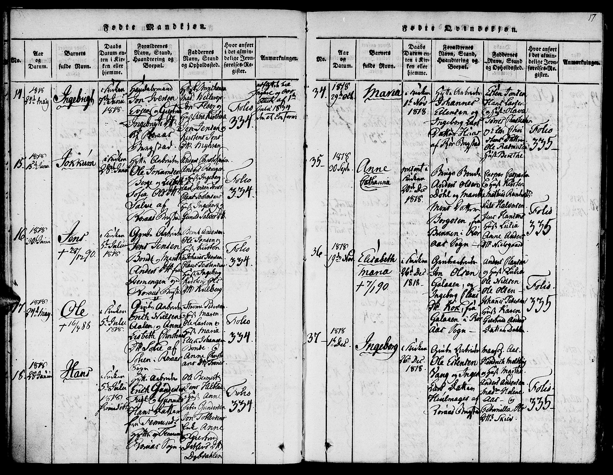 Ministerialprotokoller, klokkerbøker og fødselsregistre - Sør-Trøndelag, SAT/A-1456/681/L0929: Parish register (official) no. 681A07, 1817-1828, p. 17