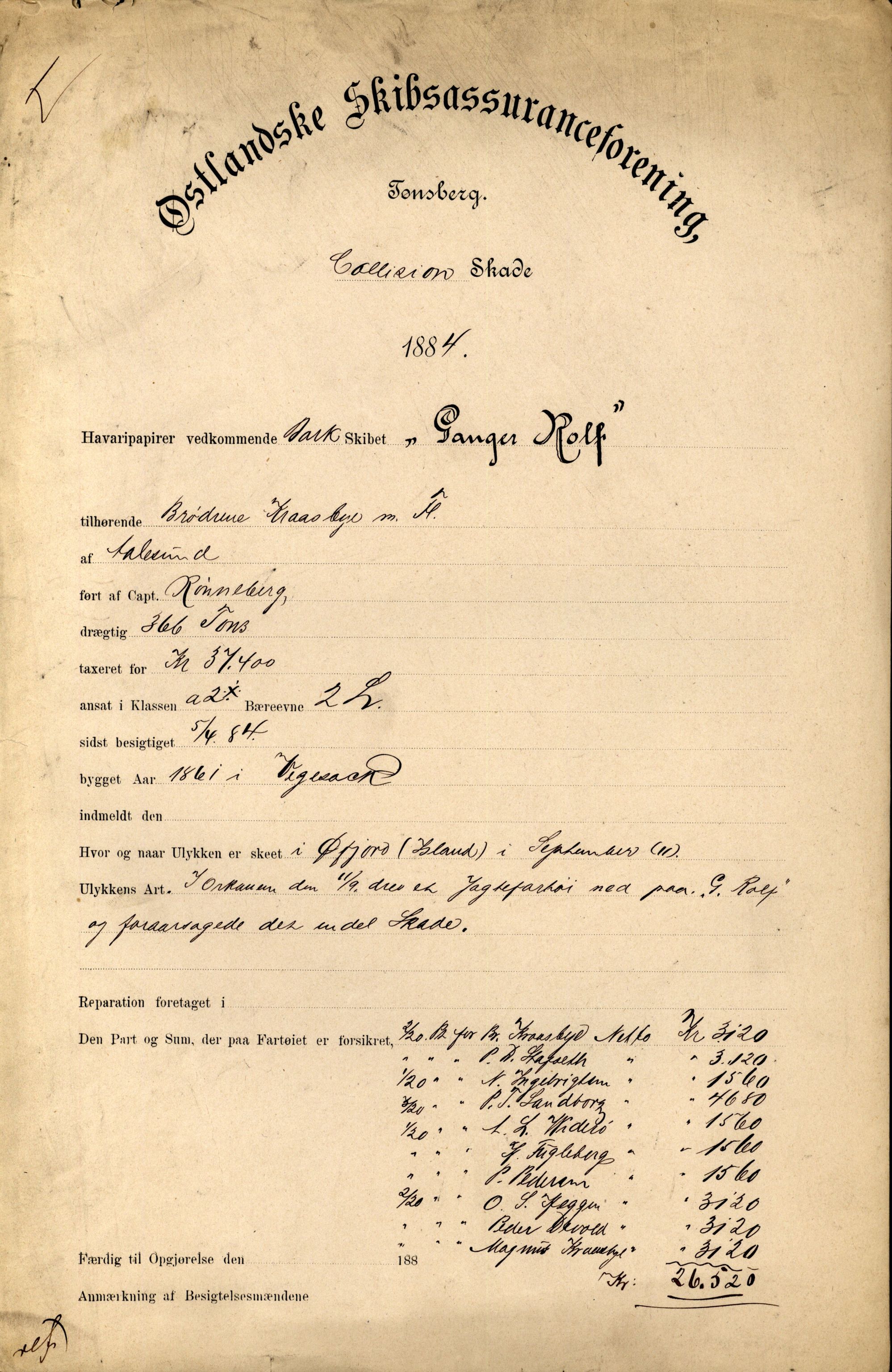 Pa 63 - Østlandske skibsassuranceforening, VEMU/A-1079/G/Ga/L0017/0011: Havaridokumenter / Andover, Amicitia, Bratsberg, Ganger Rolf, 1884, p. 129