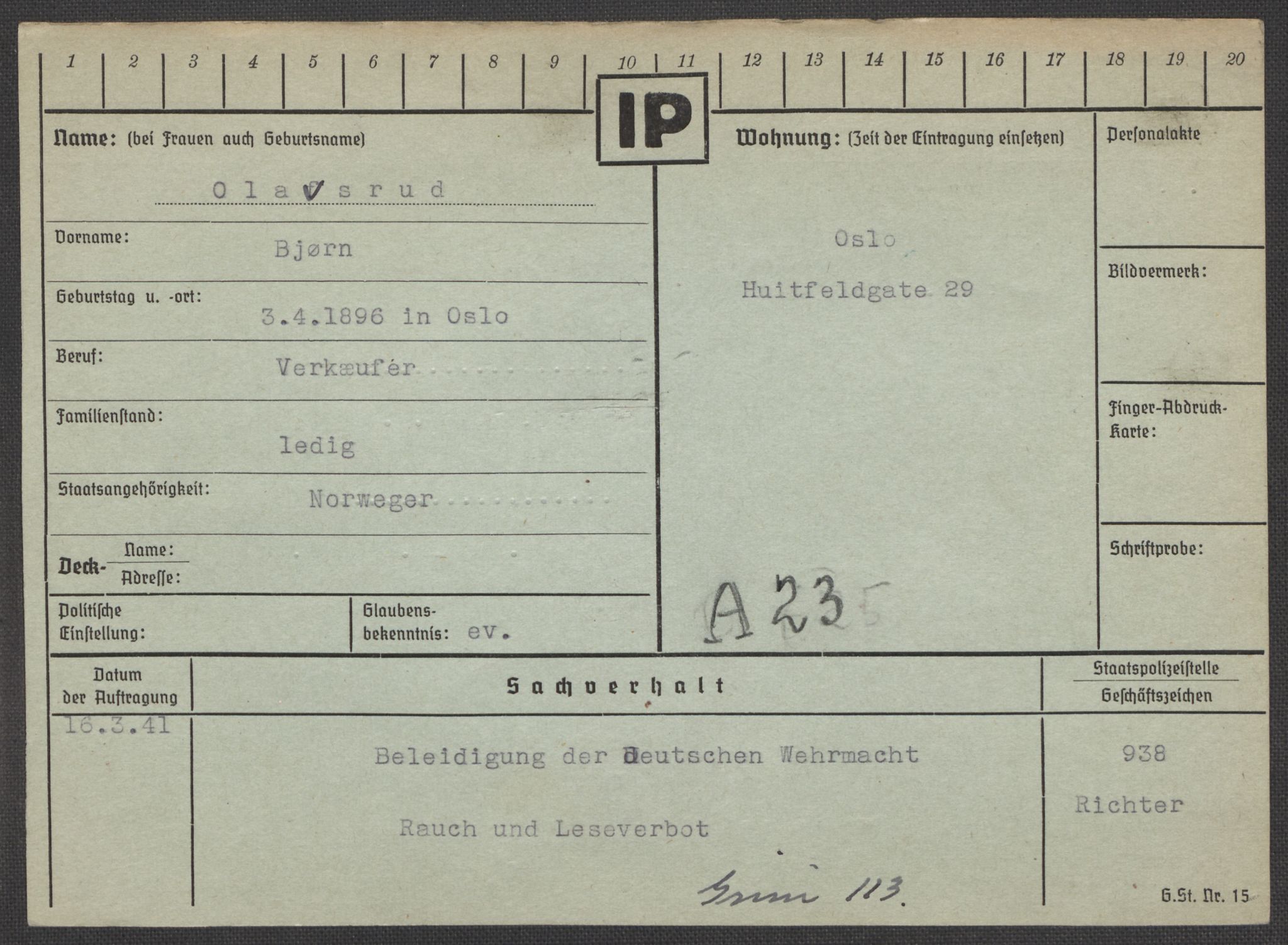 Befehlshaber der Sicherheitspolizei und des SD, RA/RAFA-5969/E/Ea/Eaa/L0008: Register over norske fanger i Møllergata 19: Oelze-Ru, 1940-1945, p. 32