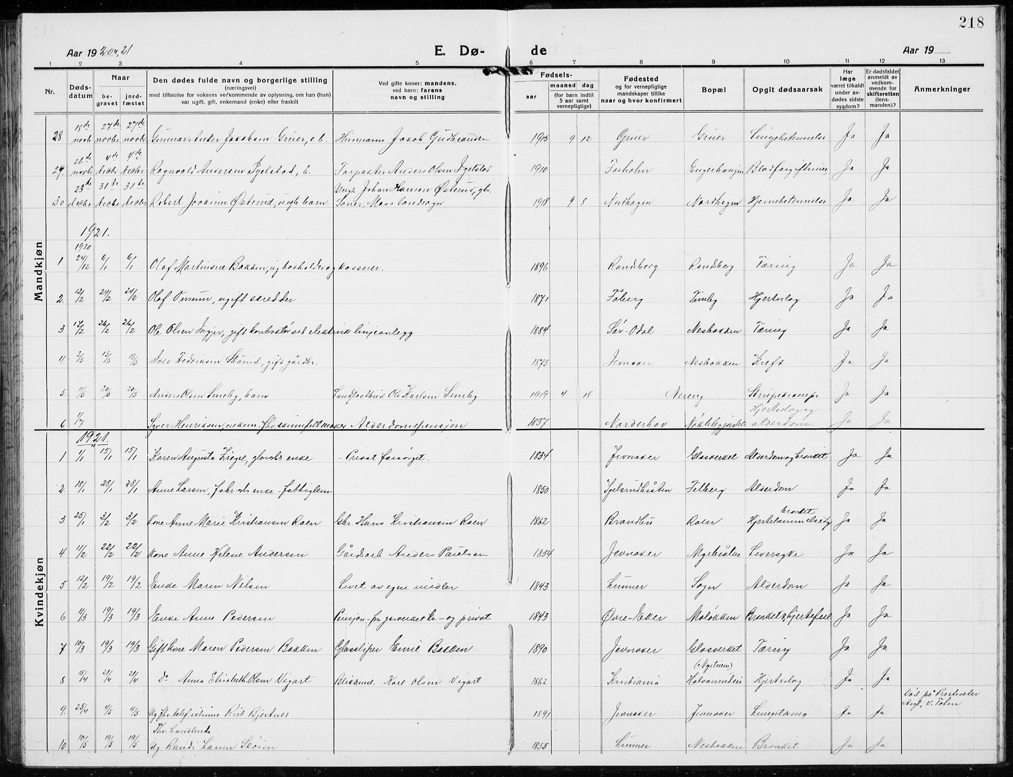 Jevnaker prestekontor, SAH/PREST-116/H/Ha/Hab/L0005: Parish register (copy) no. 5, 1919-1934, p. 218