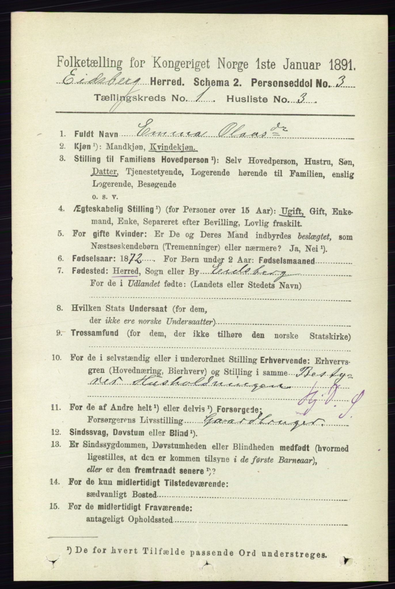 RA, 1891 census for 0125 Eidsberg, 1891, p. 154