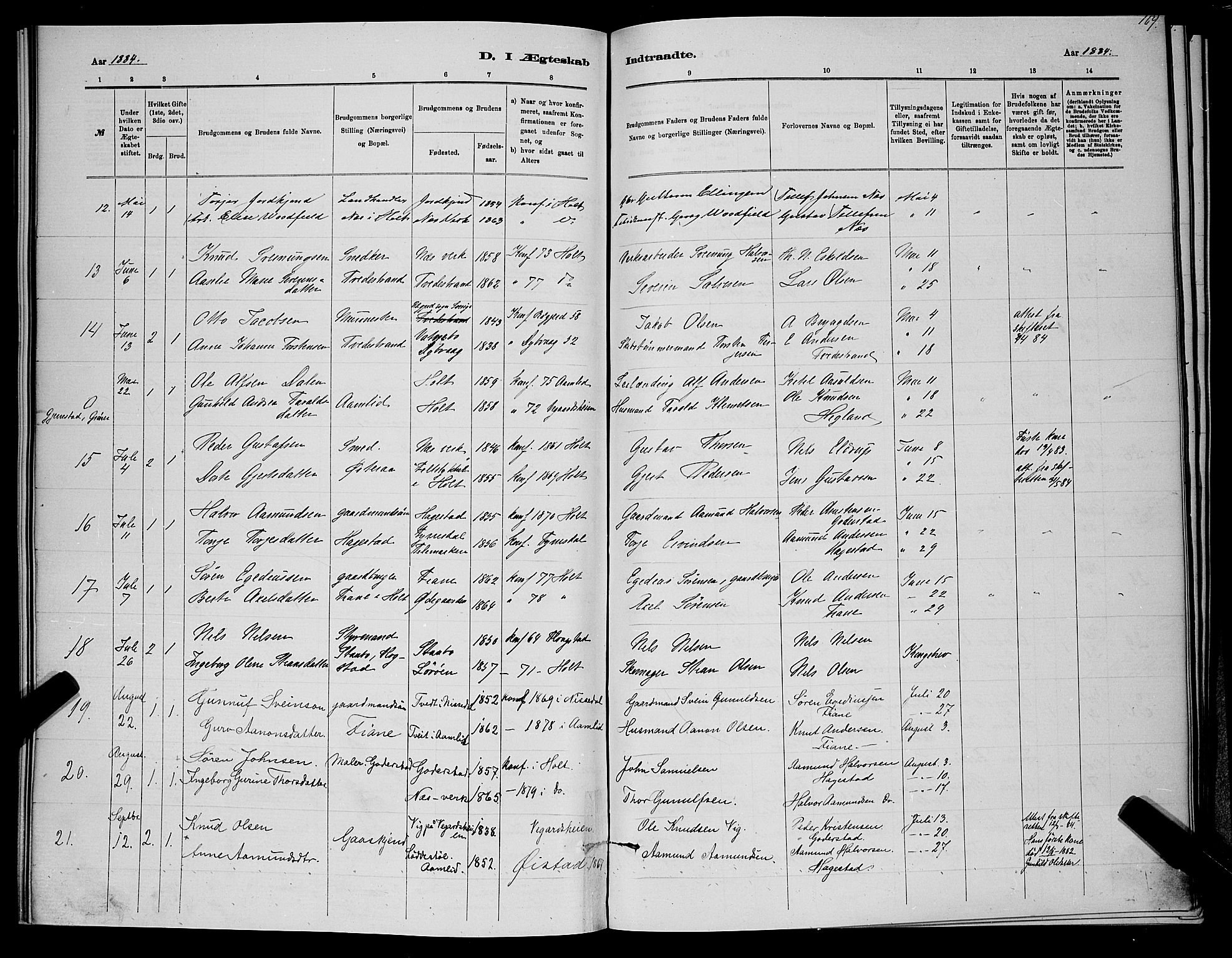 Holt sokneprestkontor, AV/SAK-1111-0021/F/Fb/L0010: Parish register (copy) no. B 10, 1883-1896, p. 169