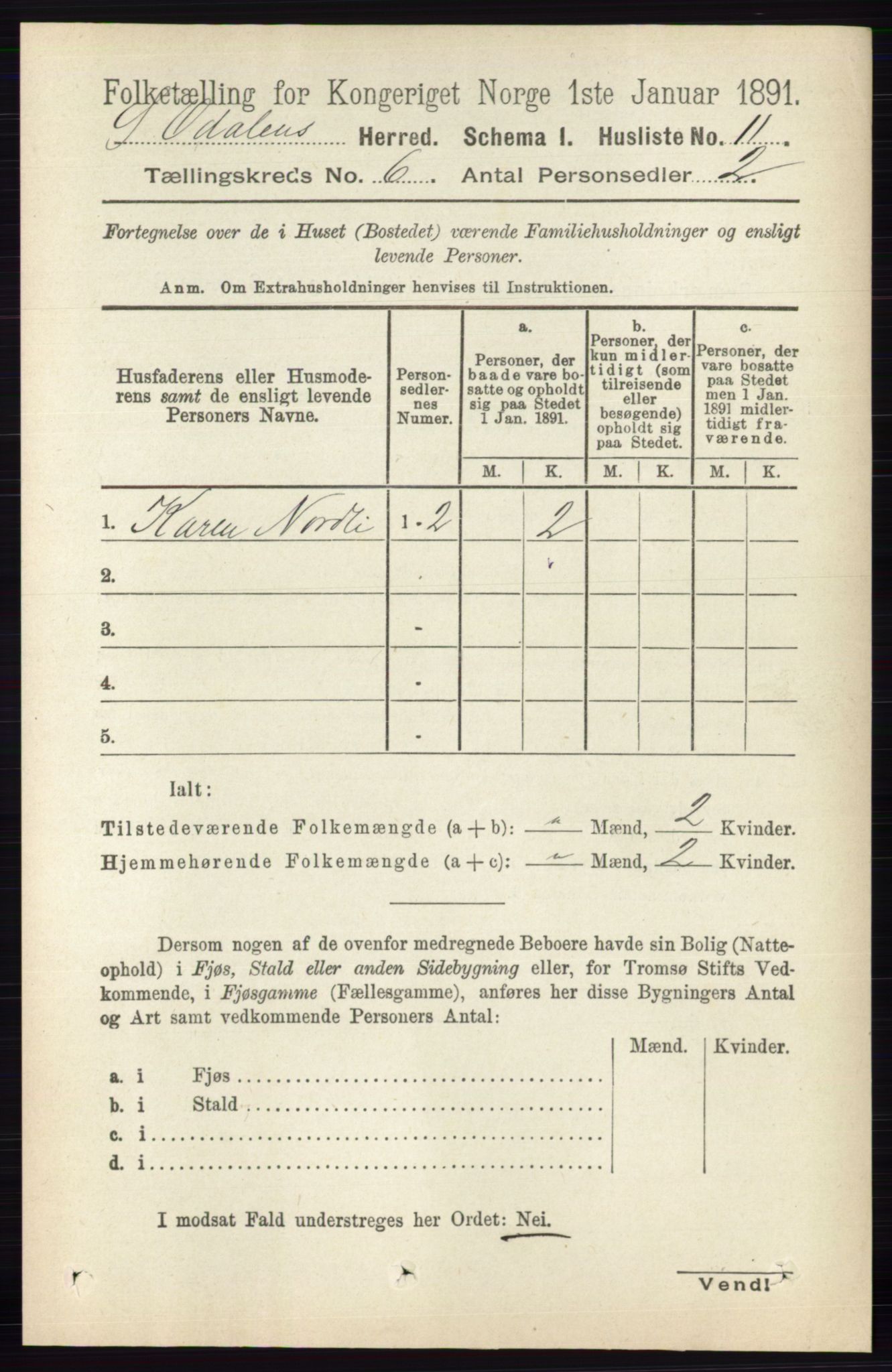 RA, 1891 census for 0419 Sør-Odal, 1891, p. 2697