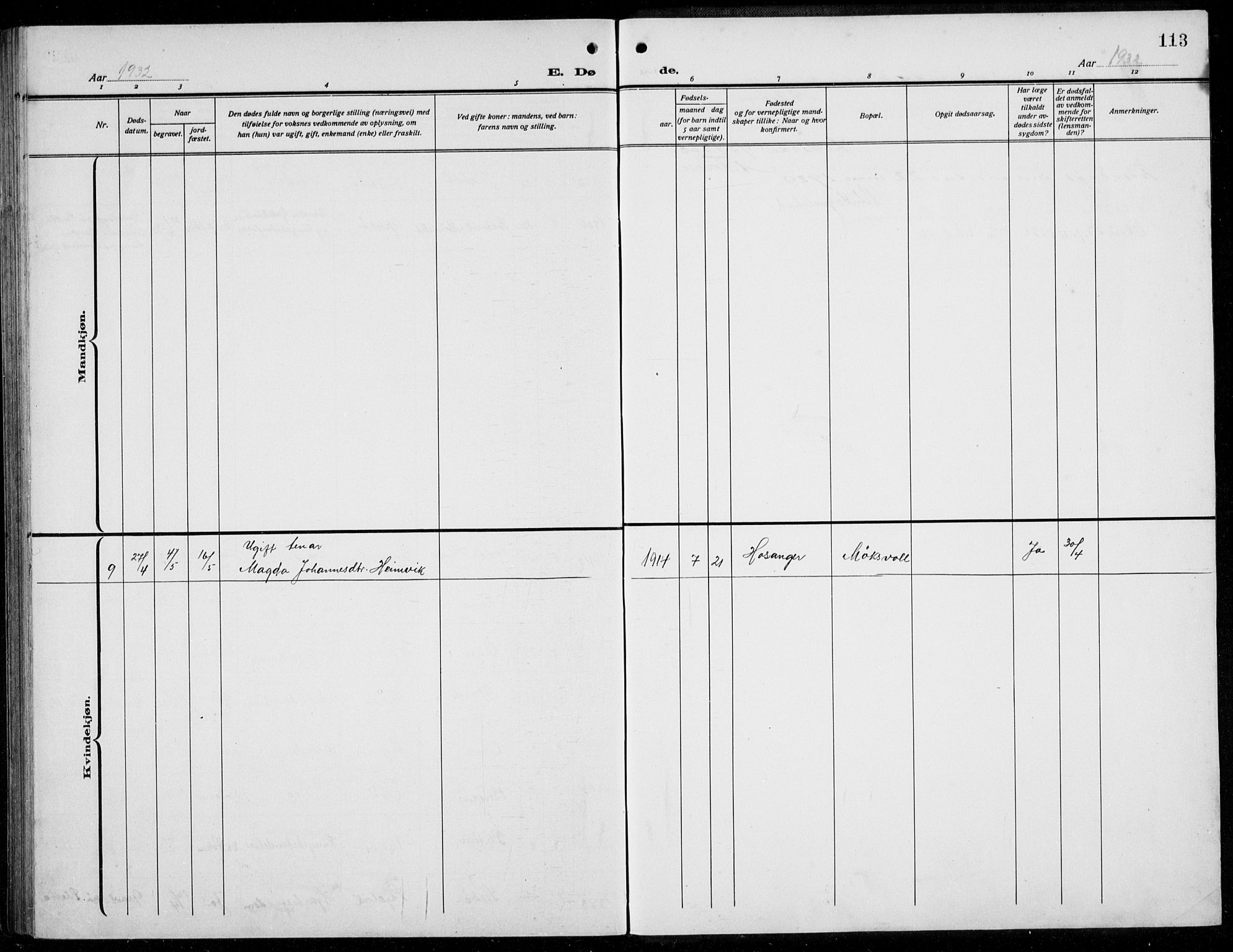 Alversund Sokneprestembete, AV/SAB-A-73901/H/Ha/Hab: Parish register (copy) no. B 5, 1914-1932, p. 113