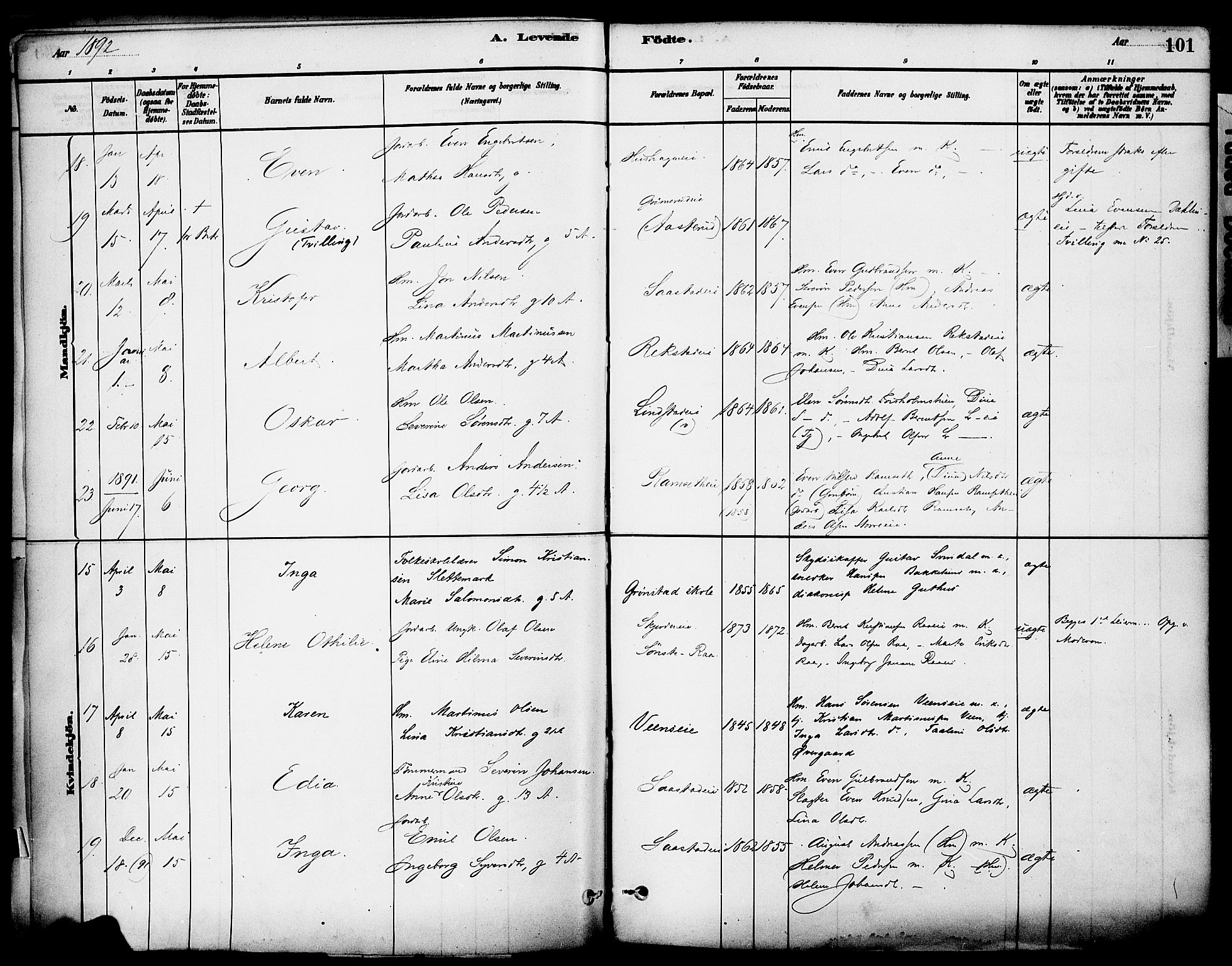 Stange prestekontor, SAH/PREST-002/K/L0017: Parish register (official) no. 17, 1880-1893, p. 101