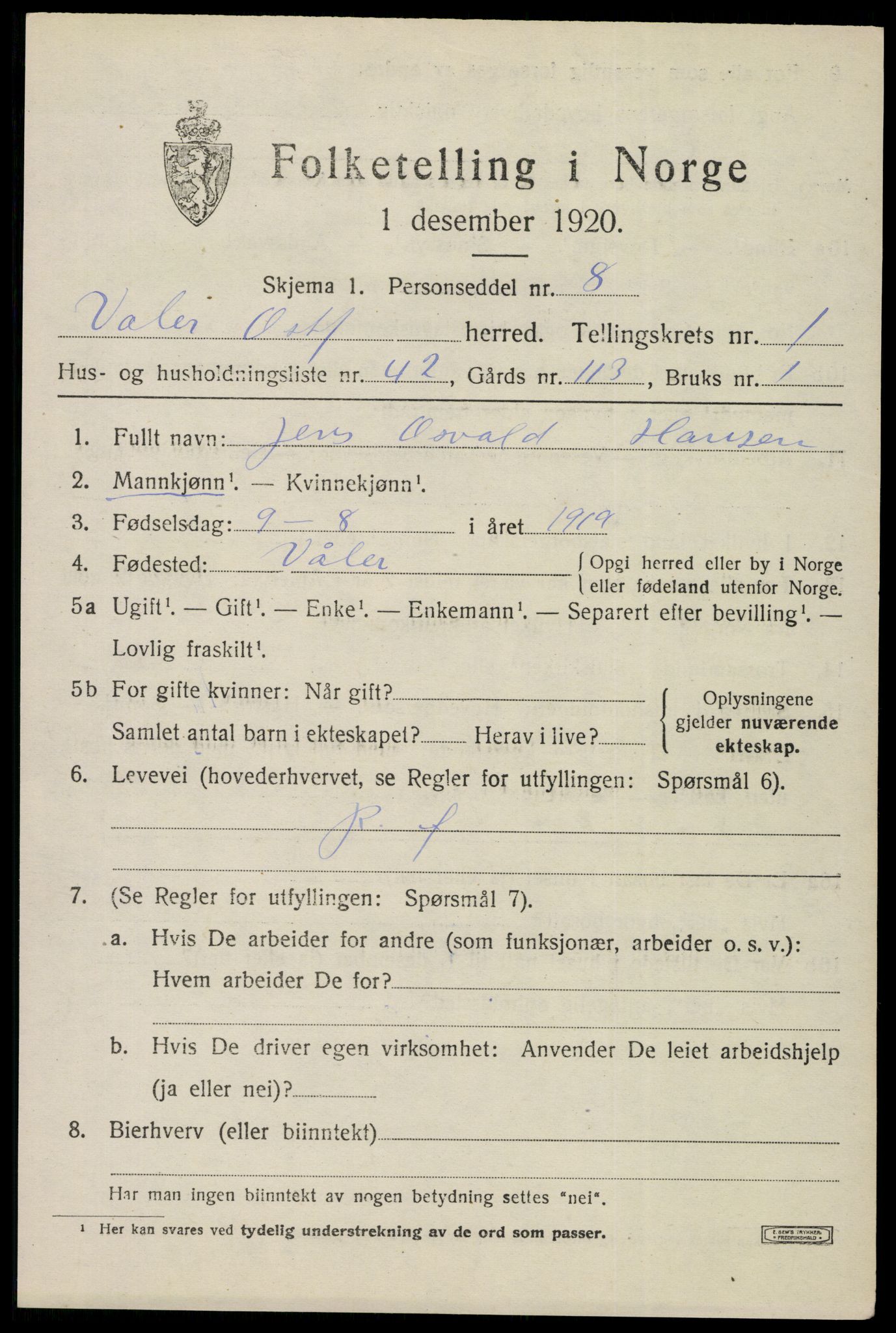 SAO, 1920 census for Våler, 1920, p. 1380