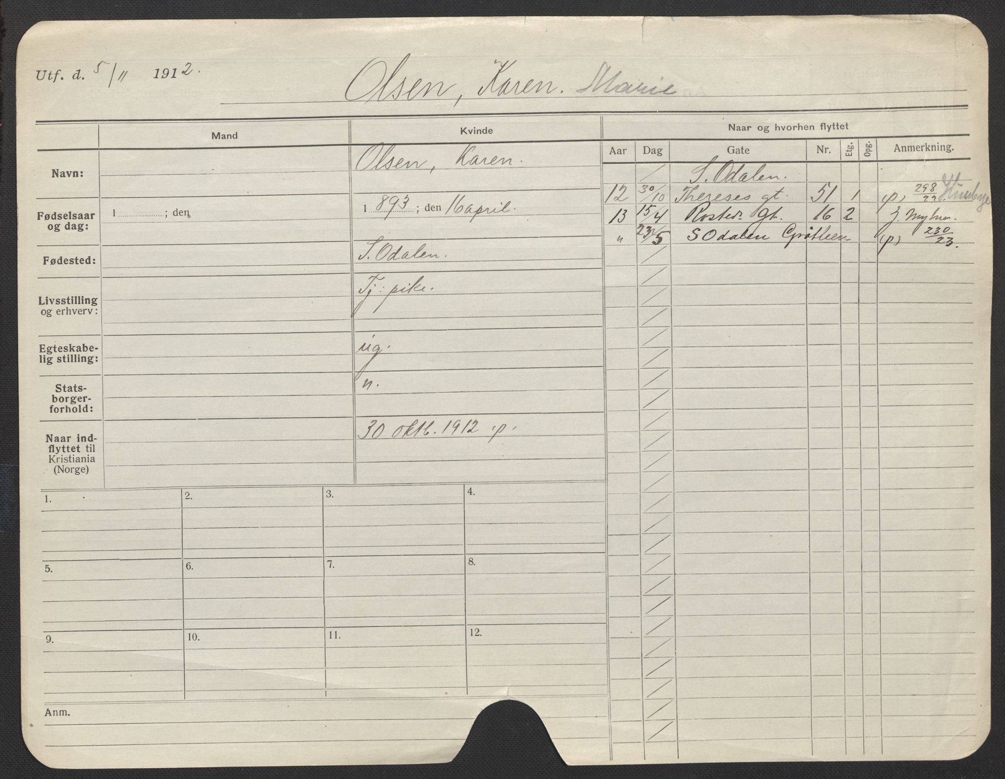 Oslo folkeregister, Registerkort, AV/SAO-A-11715/F/Fa/Fac/L0022: Kvinner, 1906-1914, p. 19a