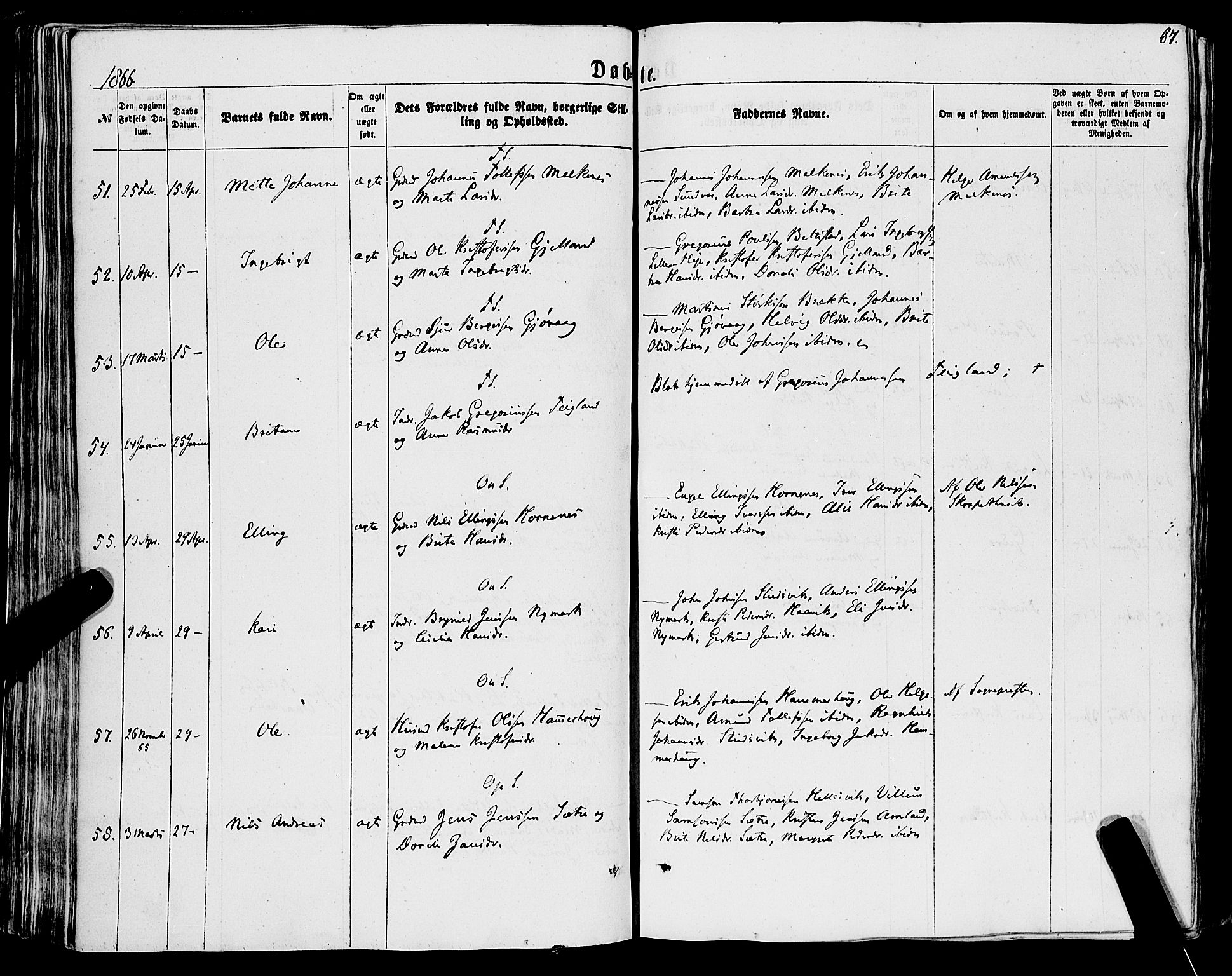 Tysnes sokneprestembete, SAB/A-78601/H/Haa: Parish register (official) no. A 11, 1860-1871, p. 87