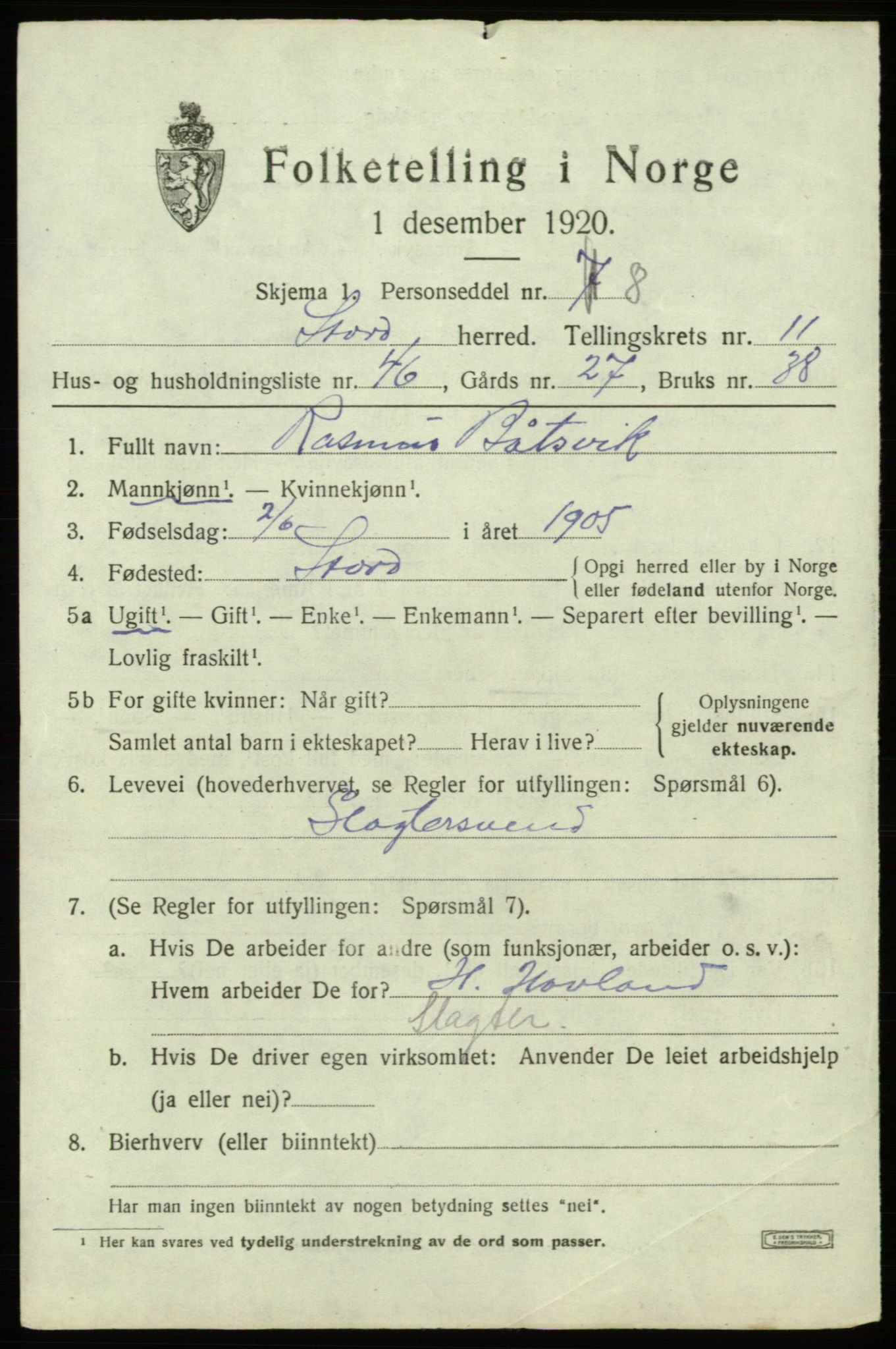 SAB, 1920 census for Stord, 1920, p. 6989