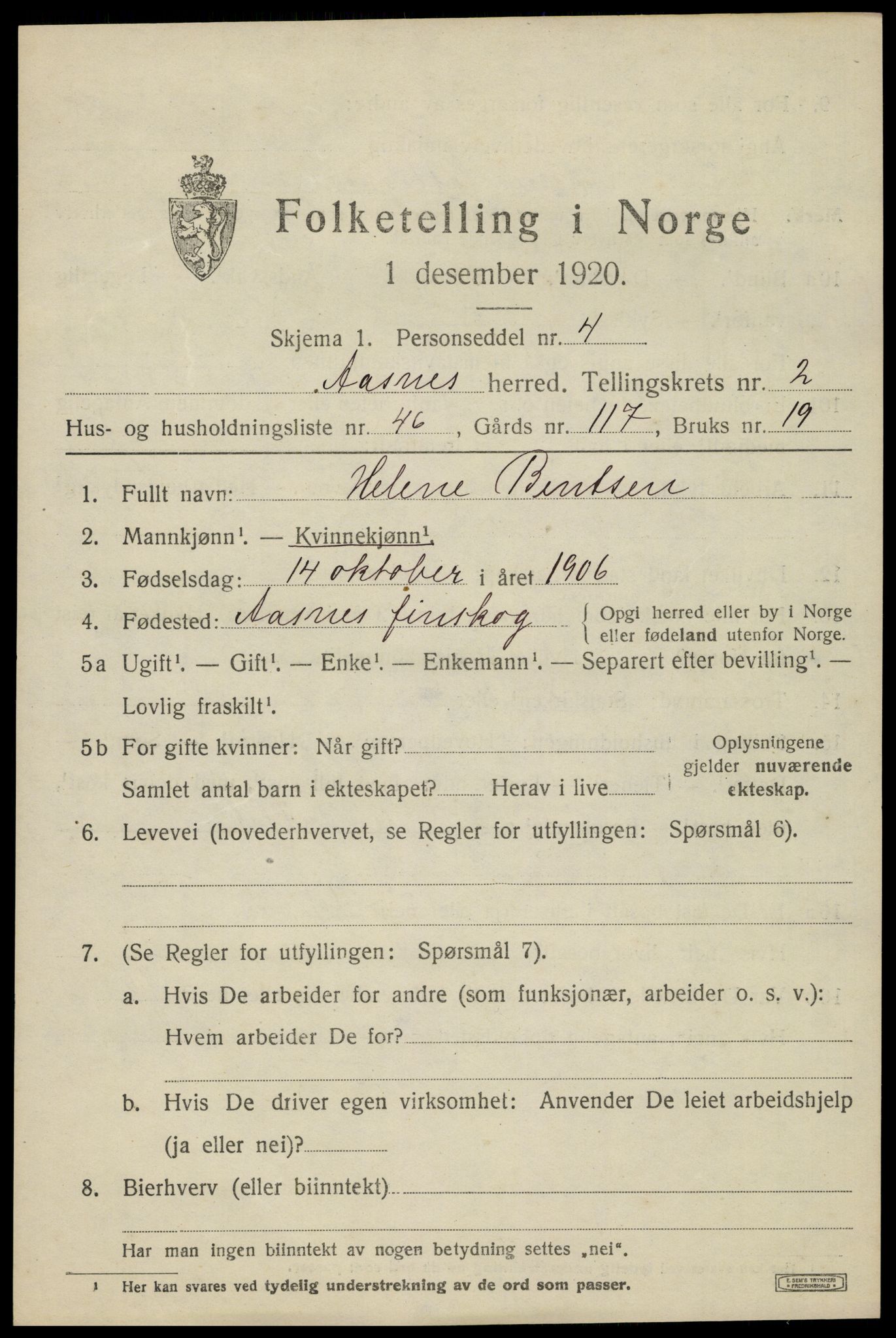 SAH, 1920 census for Åsnes, 1920, p. 3386