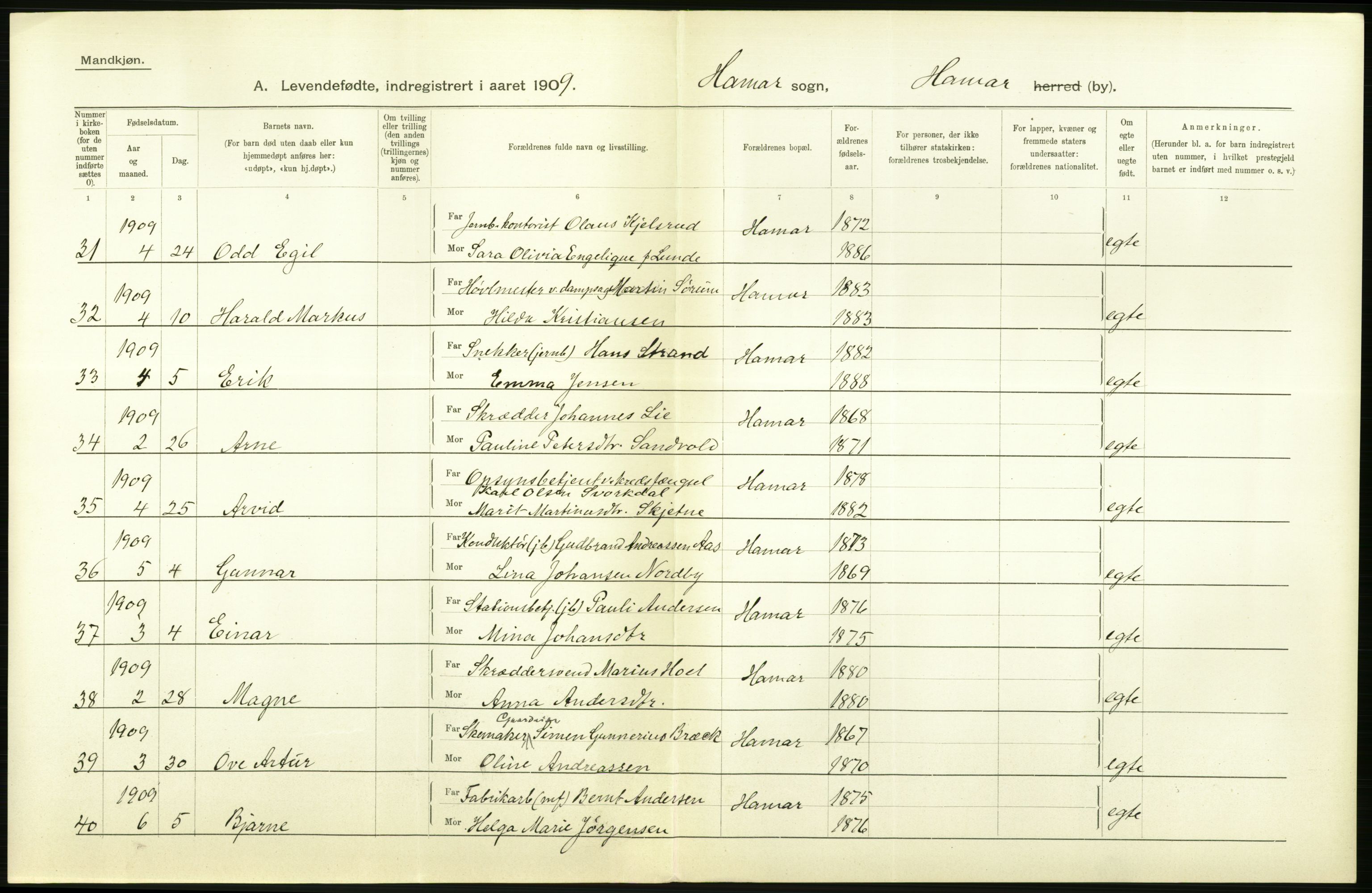 Statistisk sentralbyrå, Sosiodemografiske emner, Befolkning, AV/RA-S-2228/D/Df/Dfa/Dfag/L0011: Hedemarkens amt: Levendefødte menn og kvinner. Bygder og byer., 1909, p. 814