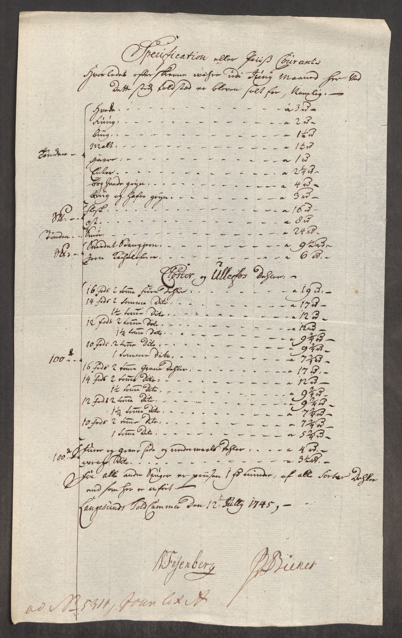 Rentekammeret inntil 1814, Realistisk ordnet avdeling, AV/RA-EA-4070/Oe/L0003: [Ø1]: Priskuranter, 1745-1748, p. 126