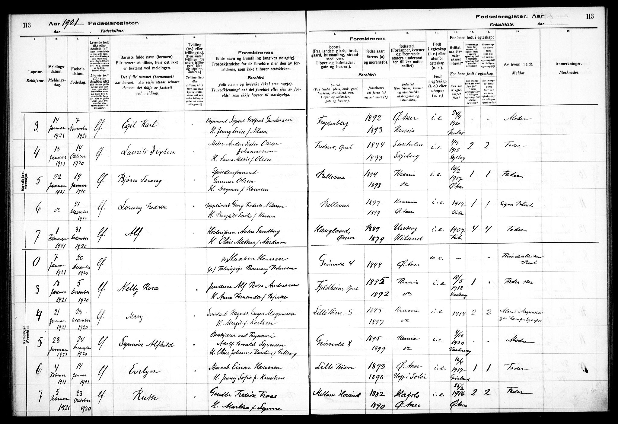 Østre Aker prestekontor Kirkebøker, AV/SAO-A-10840/J/Ja/L0001: Birth register no. I 1, 1916-1923, p. 113