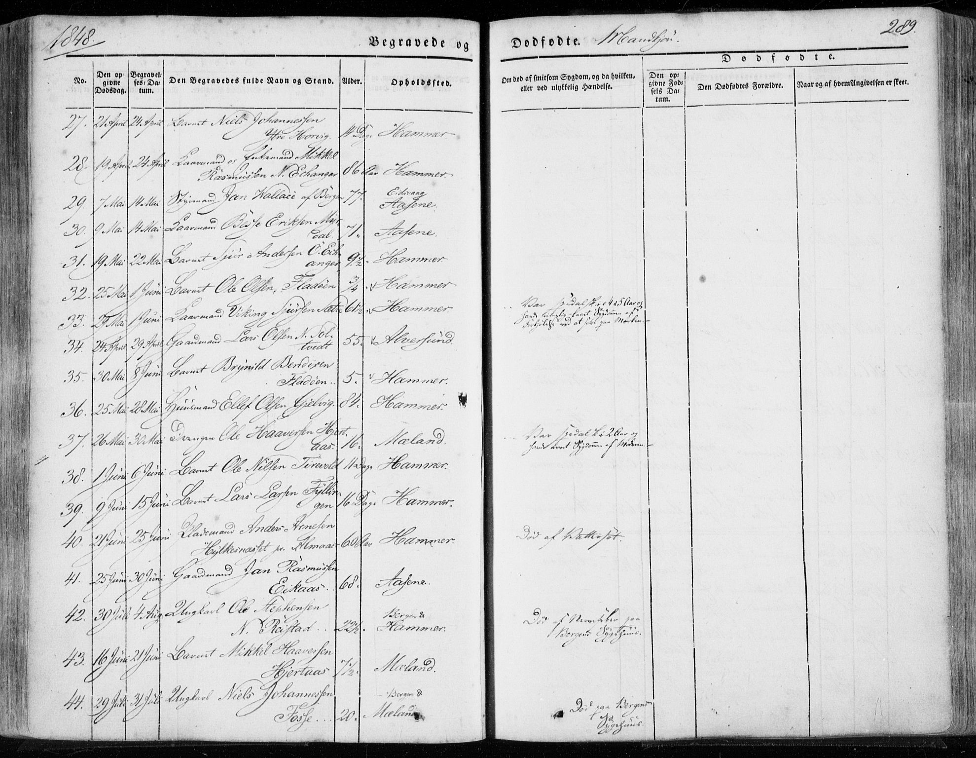 Hamre sokneprestembete, AV/SAB-A-75501/H/Ha/Haa/Haaa/L0013: Parish register (official) no. A 13, 1846-1857, p. 289