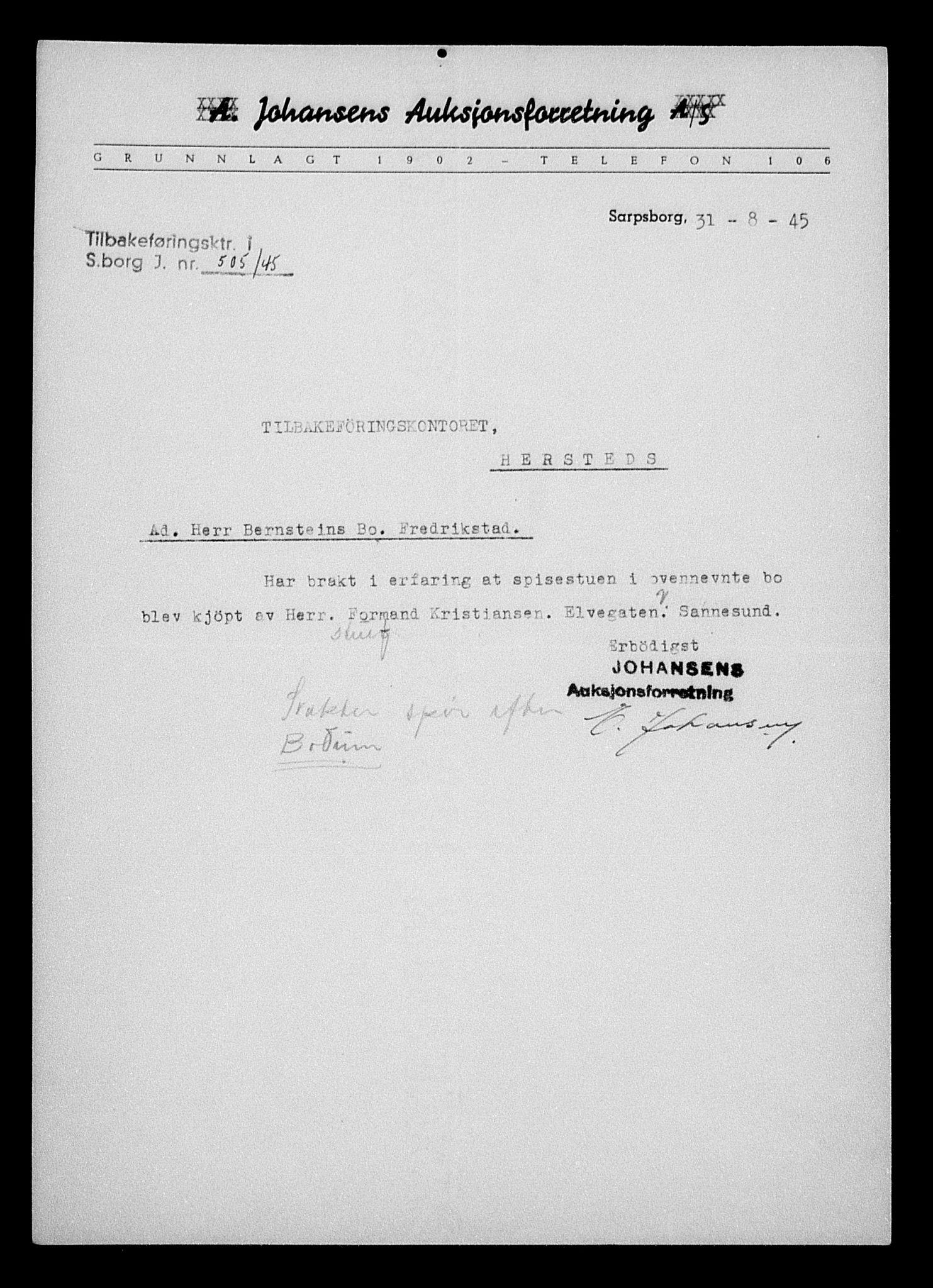 Justisdepartementet, Tilbakeføringskontoret for inndratte formuer, AV/RA-S-1564/H/Hc/Hcd/L0991: --, 1945-1947, p. 200