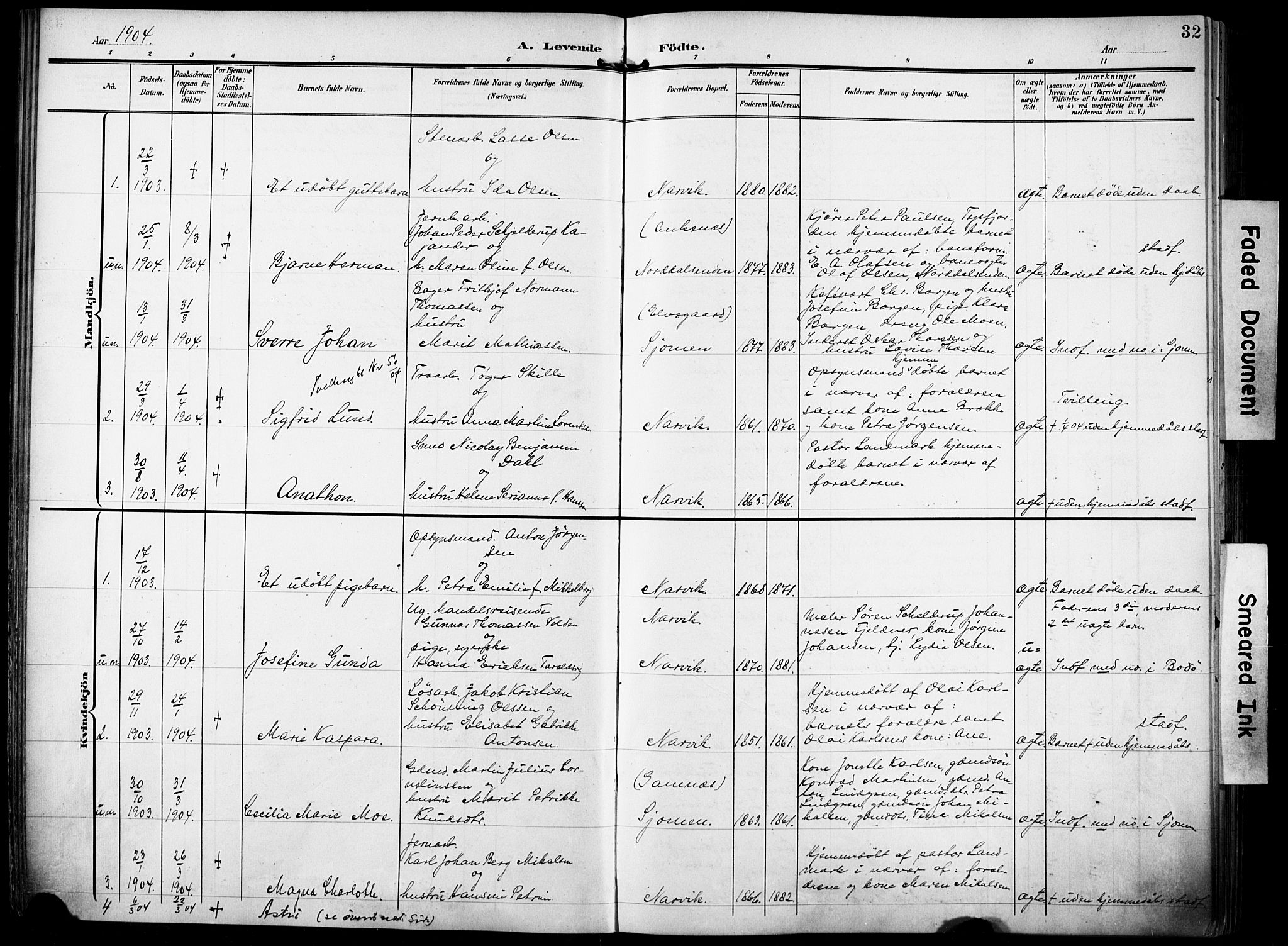 Ministerialprotokoller, klokkerbøker og fødselsregistre - Nordland, SAT/A-1459/871/L0994: Parish register (official) no. 871A10, 1902-1910, p. 32