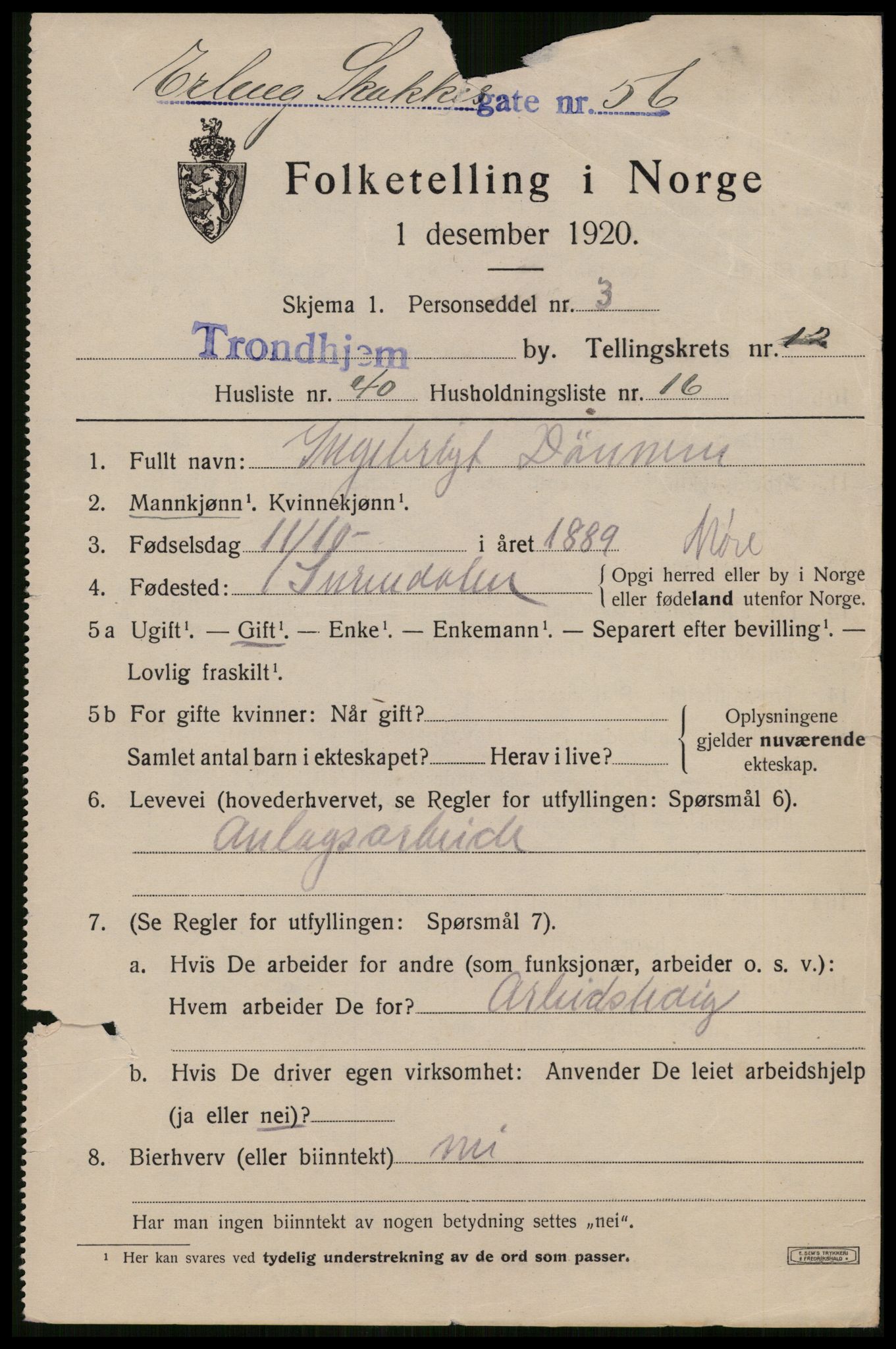 SAT, 1920 census for Trondheim, 1920, p. 49420