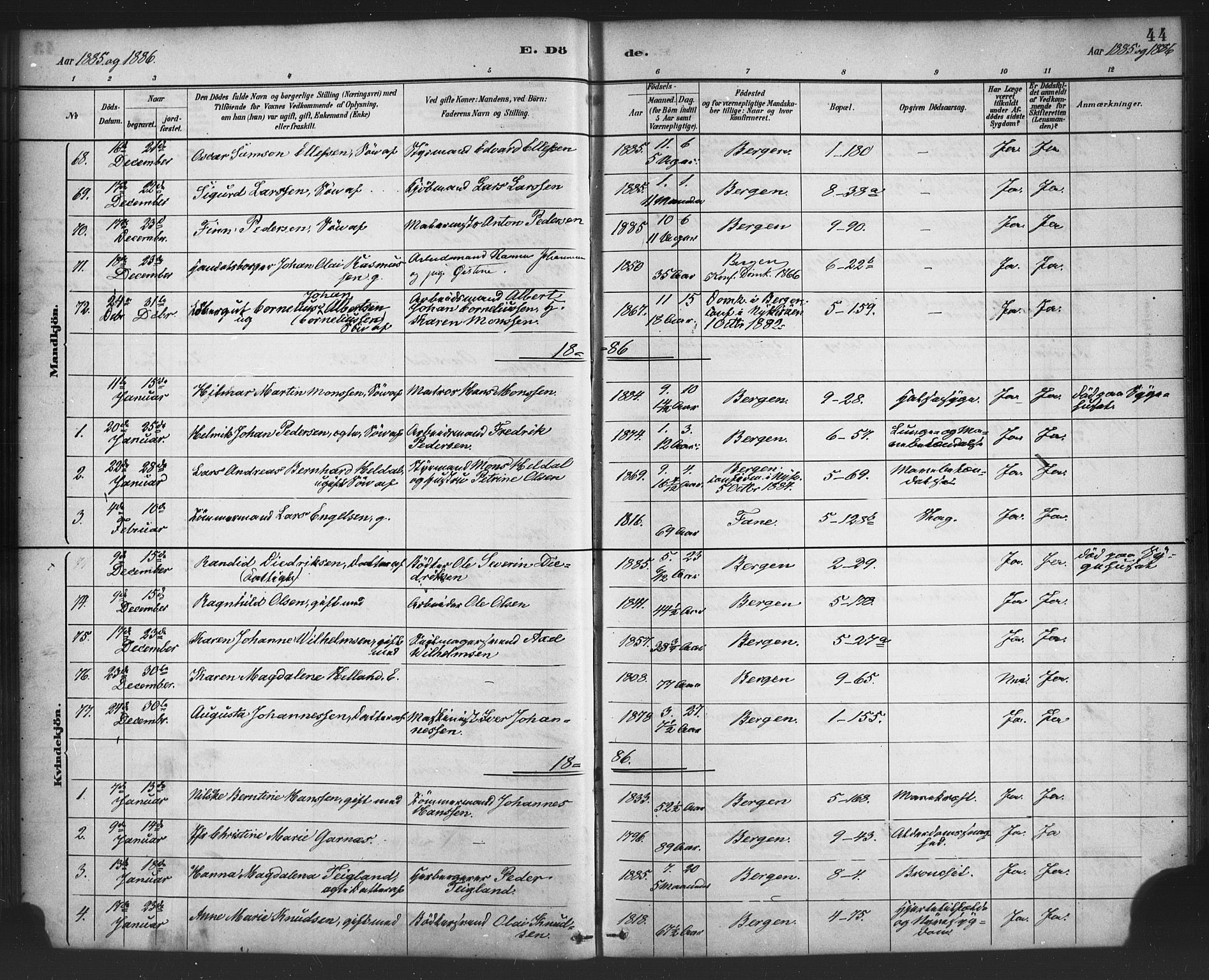 Nykirken Sokneprestembete, SAB/A-77101/H/Haa/L0044: Parish register (official) no. E 4, 1882-1898, p. 44