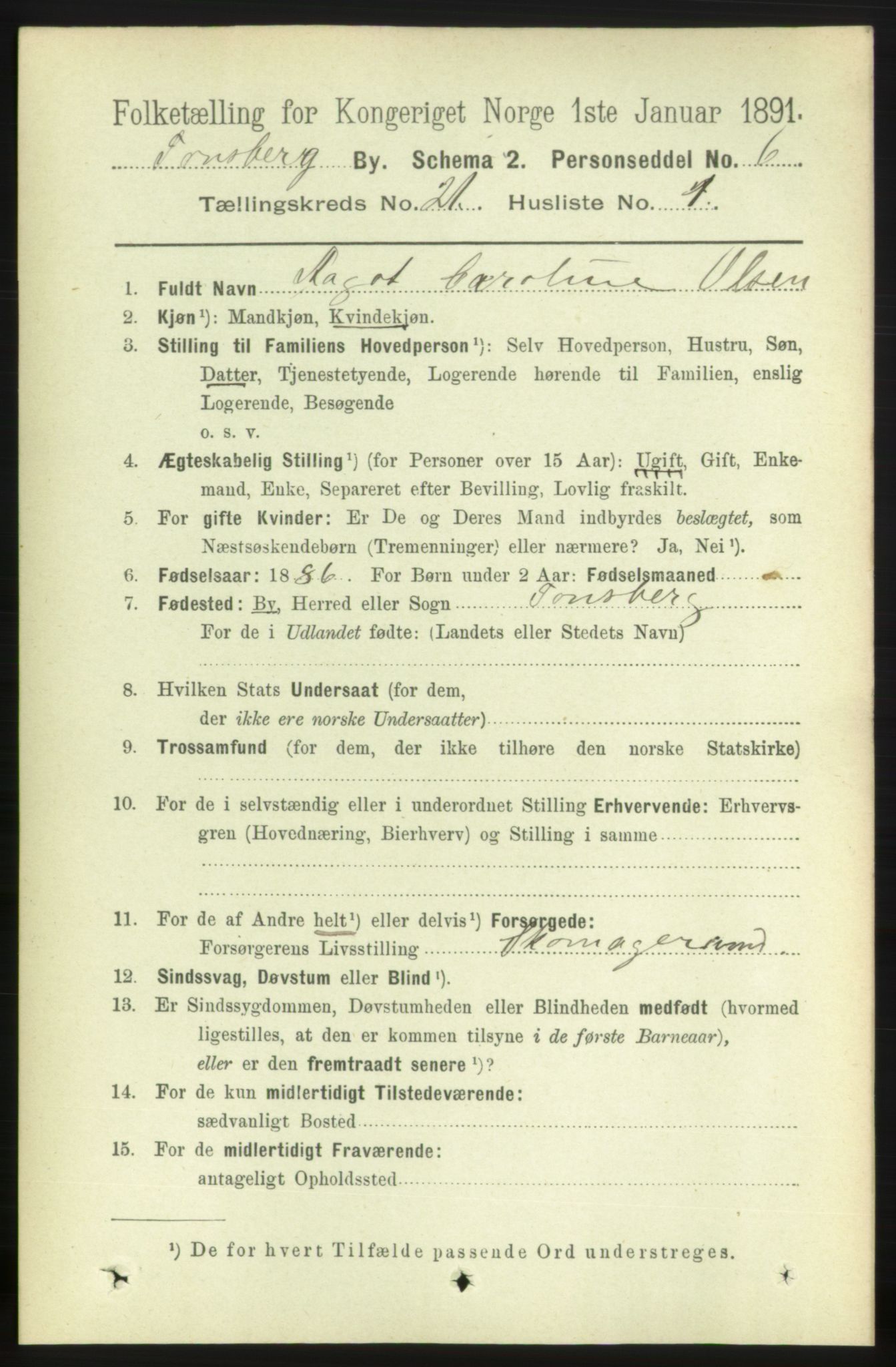 RA, 1891 census for 0705 Tønsberg, 1891, p. 5580