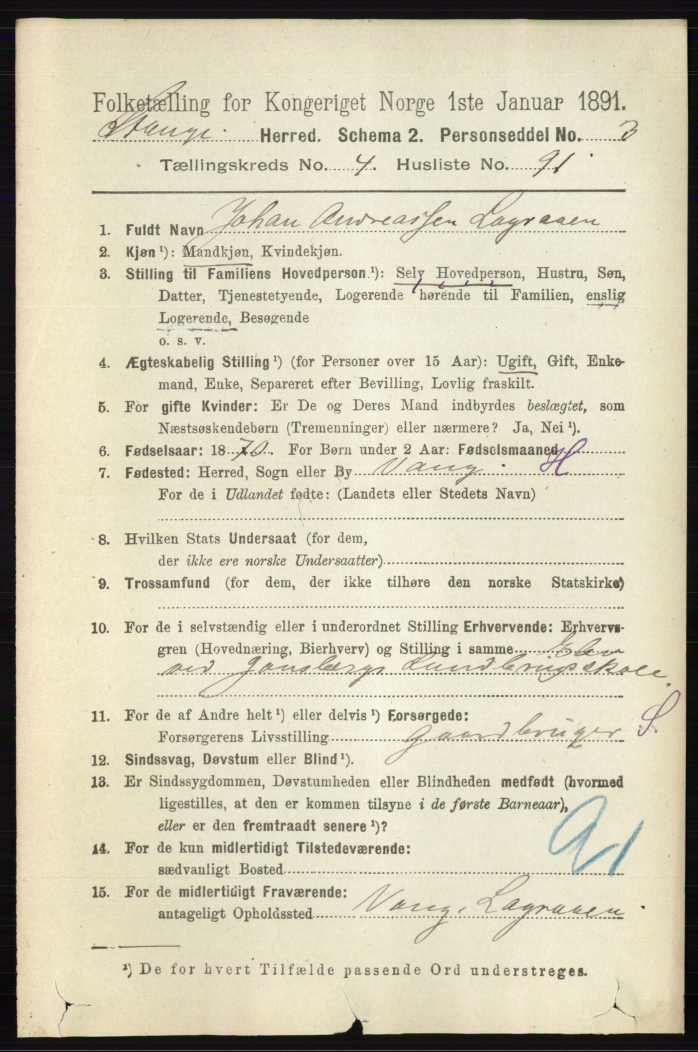 RA, 1891 census for 0417 Stange, 1891, p. 2982