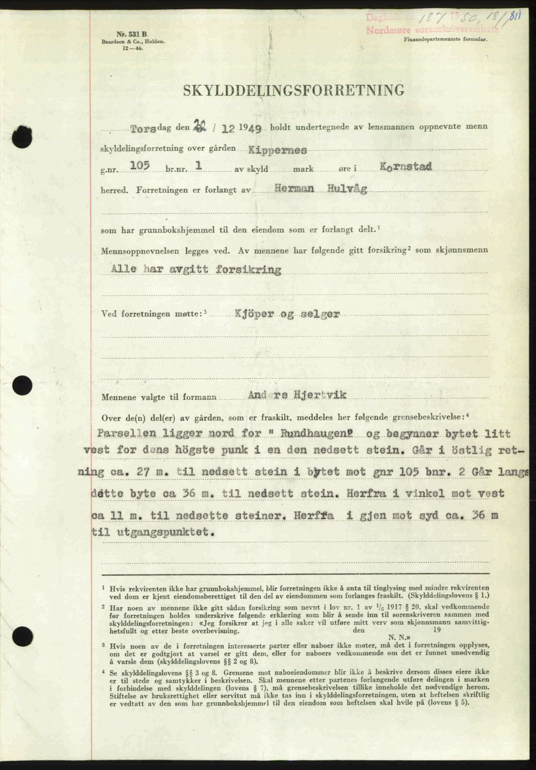 Nordmøre sorenskriveri, AV/SAT-A-4132/1/2/2Ca: Mortgage book no. A113, 1949-1950, Diary no: : 187/1950