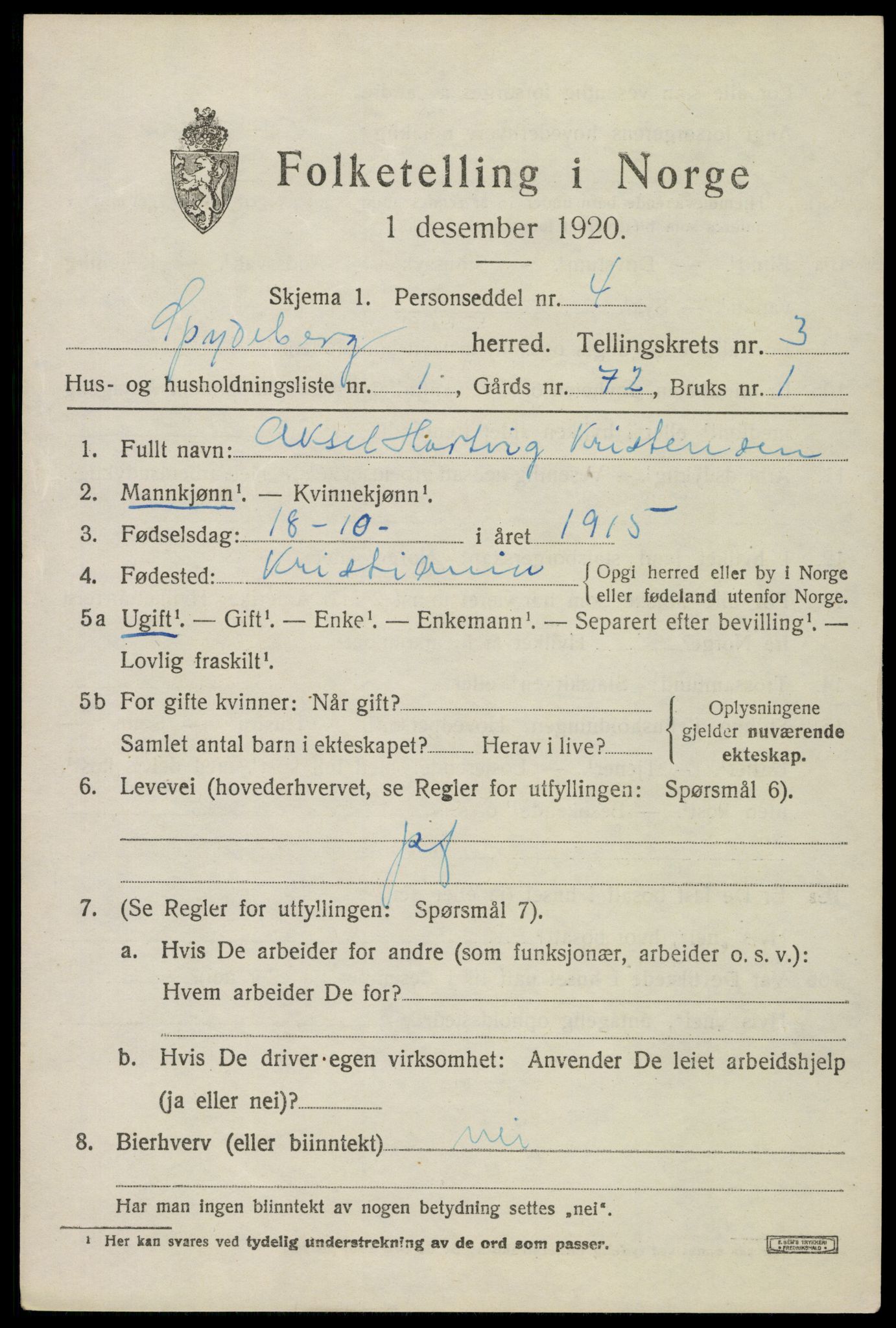 SAO, 1920 census for Spydeberg, 1920, p. 4071