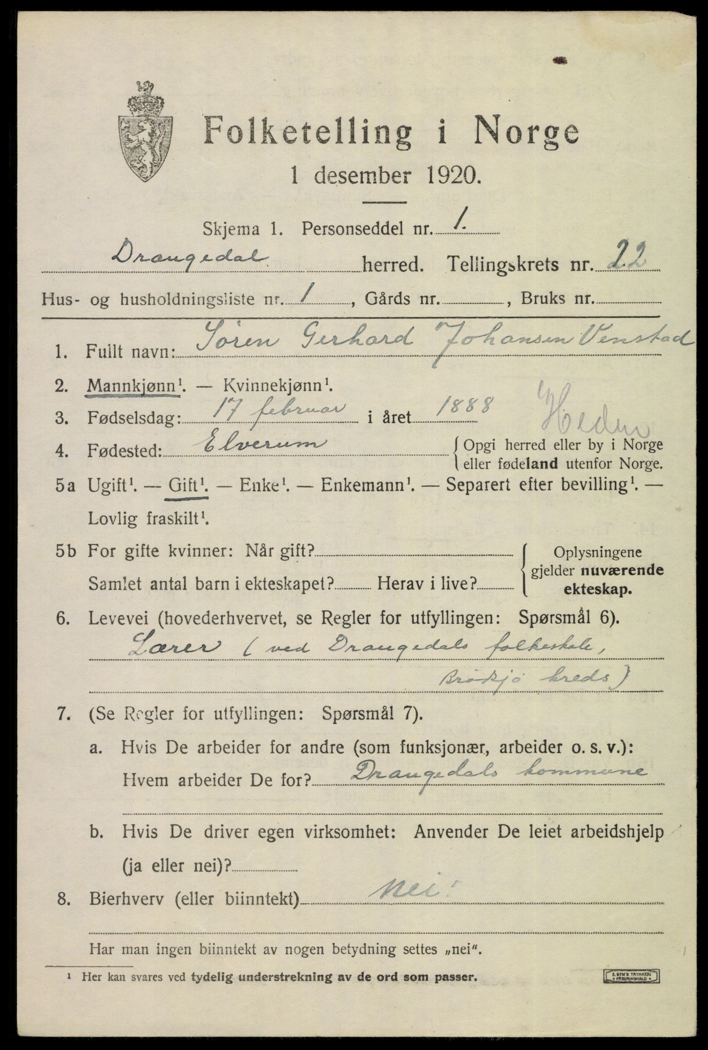 SAKO, 1920 census for Drangedal, 1920, p. 9957