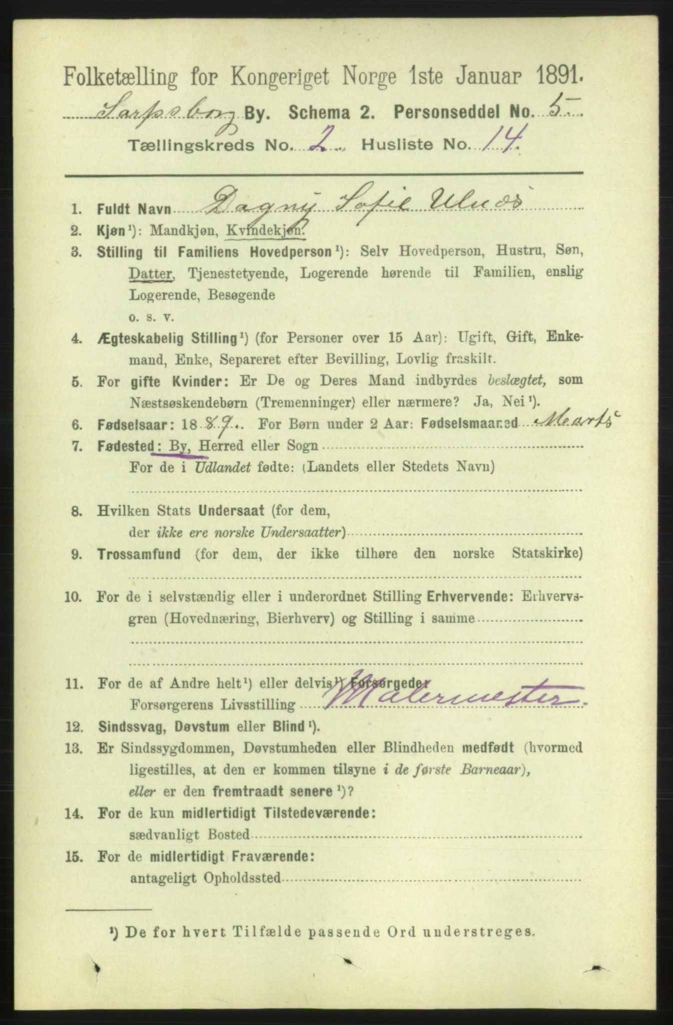 RA, 1891 census for 0102 Sarpsborg, 1891, p. 1377