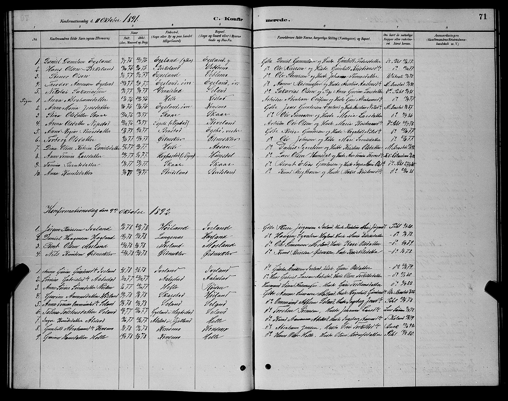 Nord-Audnedal sokneprestkontor, AV/SAK-1111-0032/F/Fb/Fba/L0003: Parish register (copy) no. B 3, 1881-1900, p. 71