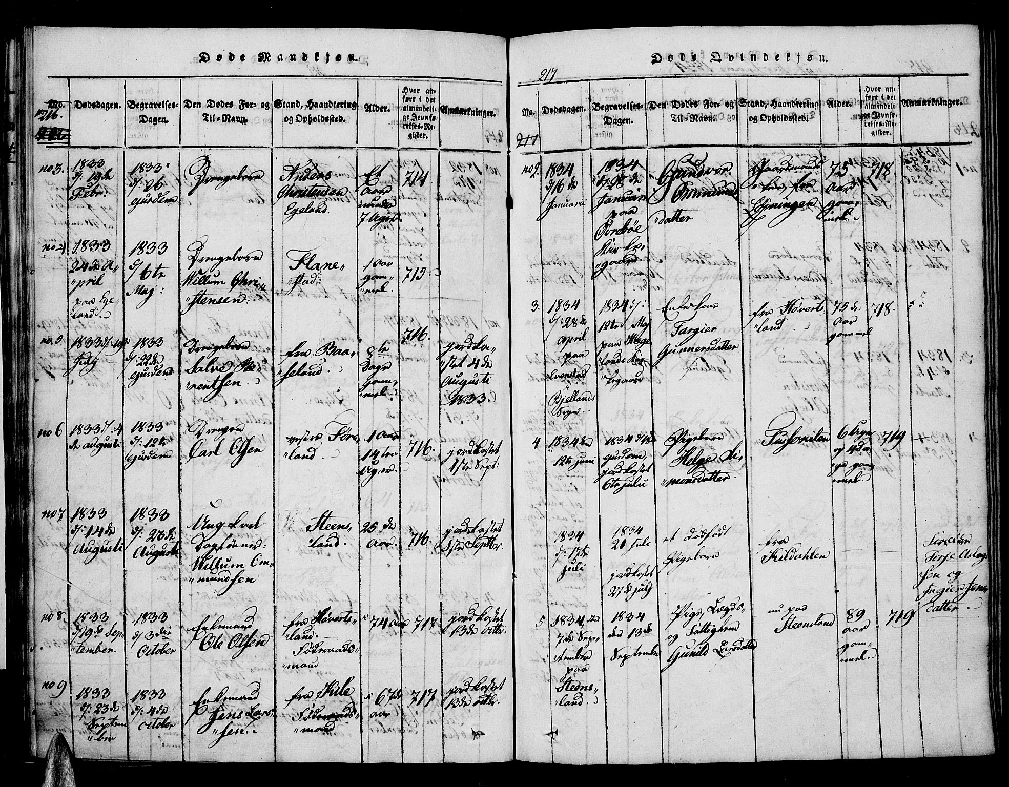 Vennesla sokneprestkontor, AV/SAK-1111-0045/Fa/Faa/L0003: Parish register (official) no. A 3, 1820-1834, p. 216-217