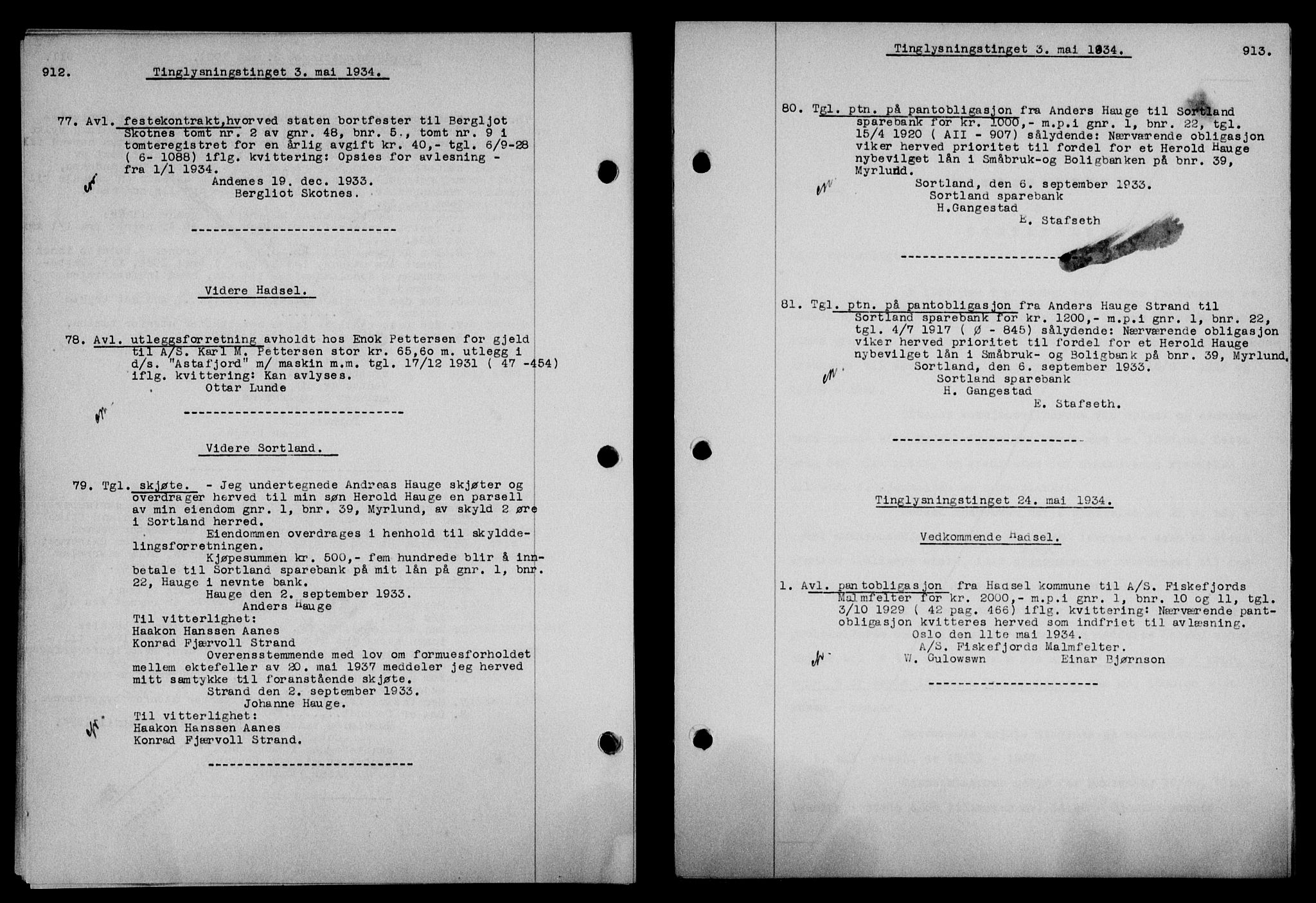 Vesterålen sorenskriveri, SAT/A-4180/1/2/2Ca/L0059: Mortgage book no. 52, 1933-1934, Deed date: 24.05.1934