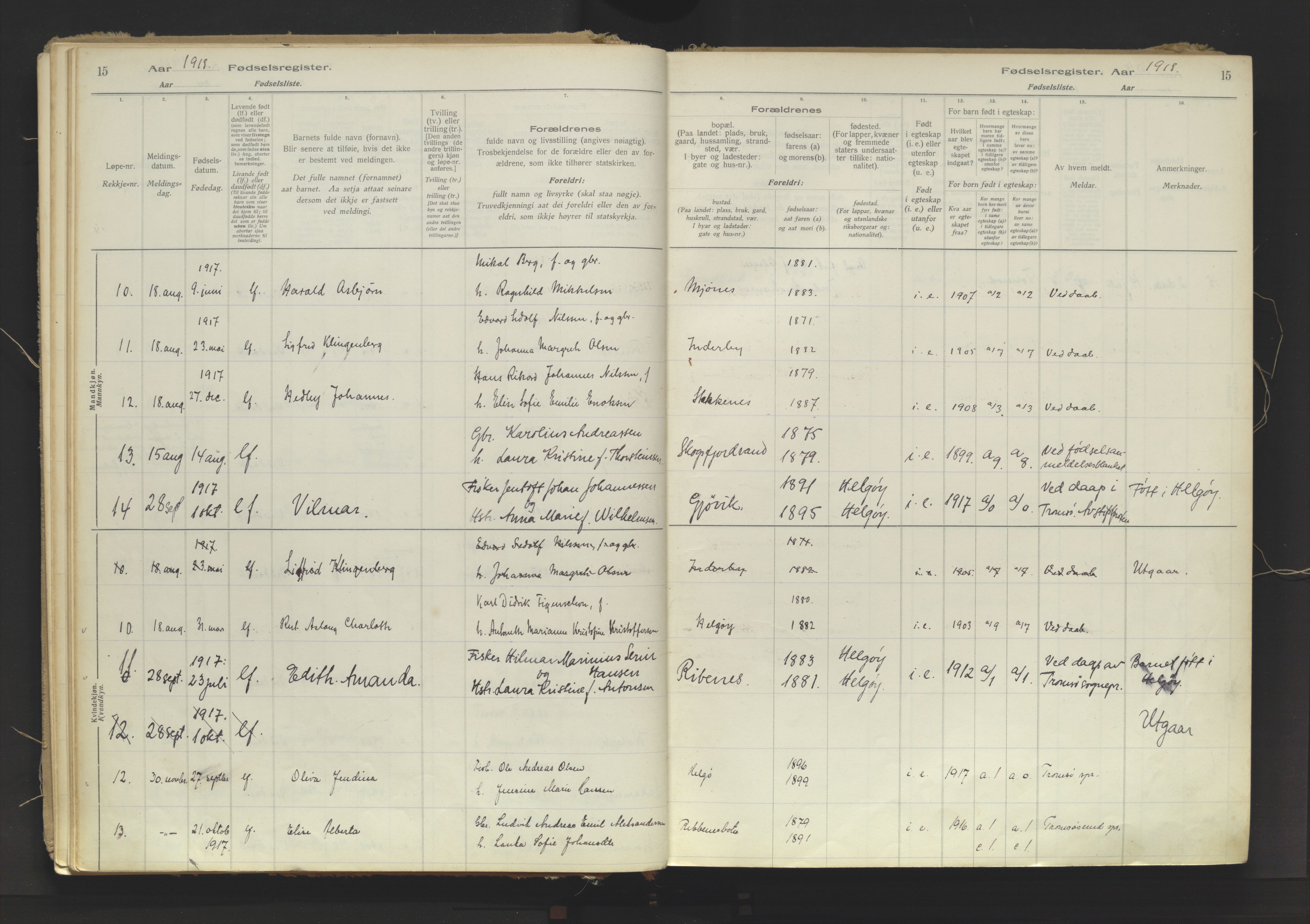 Karlsøy sokneprestembete, AV/SATØ-S-1299/I/Ic/L0067: Birth register no. 67, 1916-1958, p. 15