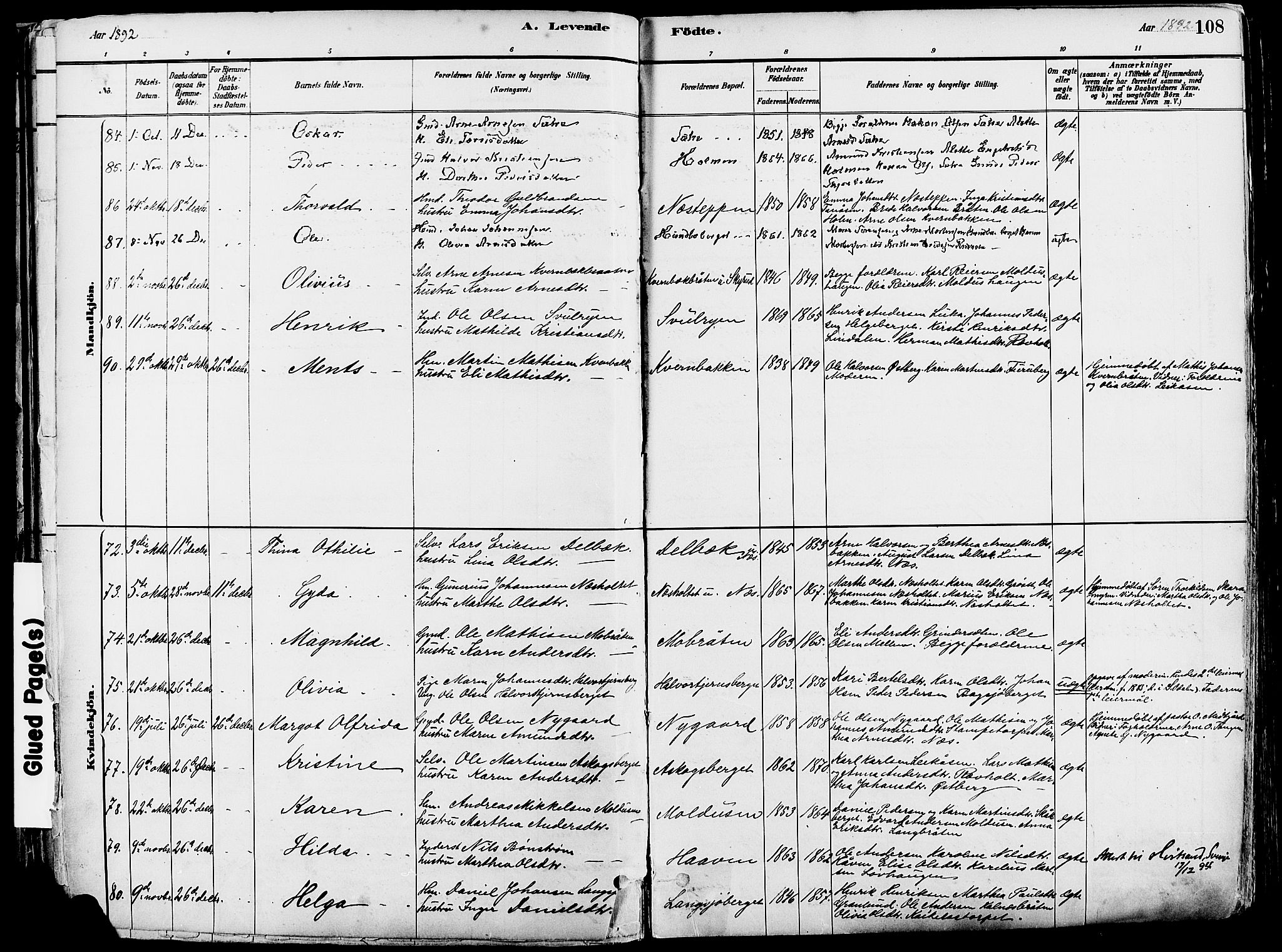 Grue prestekontor, AV/SAH-PREST-036/H/Ha/Haa/L0012: Parish register (official) no. 12, 1881-1897, p. 108