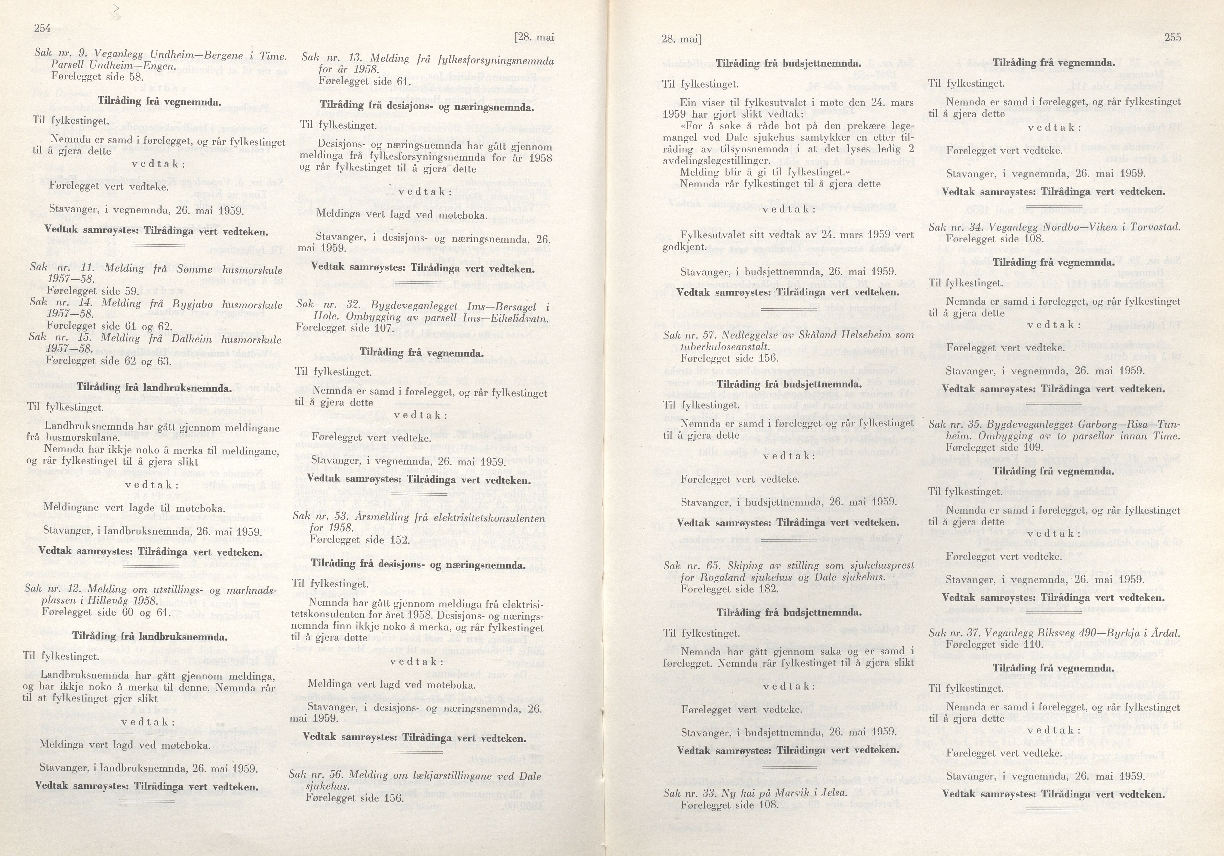 Rogaland fylkeskommune - Fylkesrådmannen , IKAR/A-900/A/Aa/Aaa/L0078: Møtebok , 1959, p. 254-255