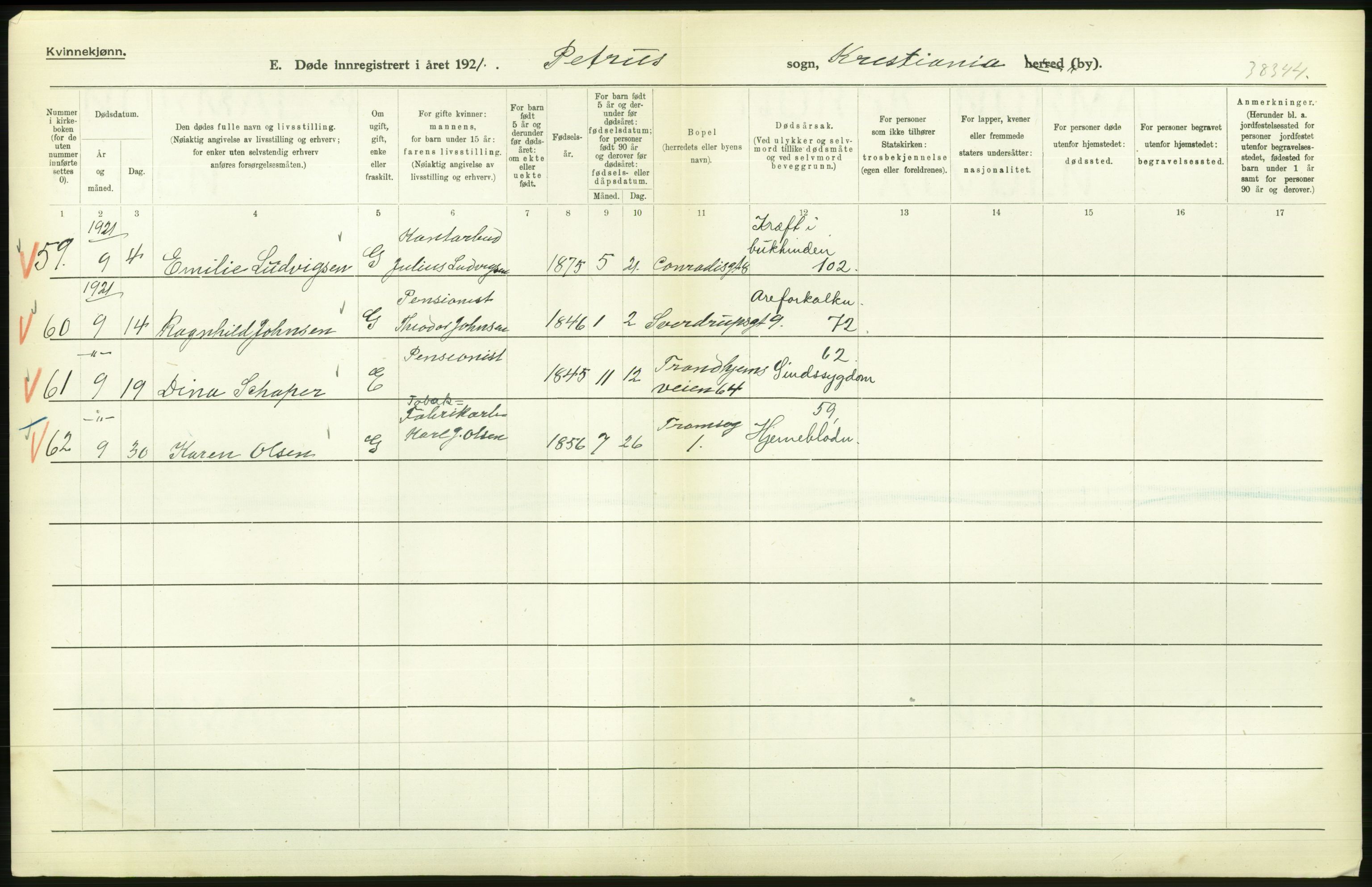 Statistisk sentralbyrå, Sosiodemografiske emner, Befolkning, AV/RA-S-2228/D/Df/Dfc/Dfca/L0012: Kristiania: Døde, 1921, p. 276