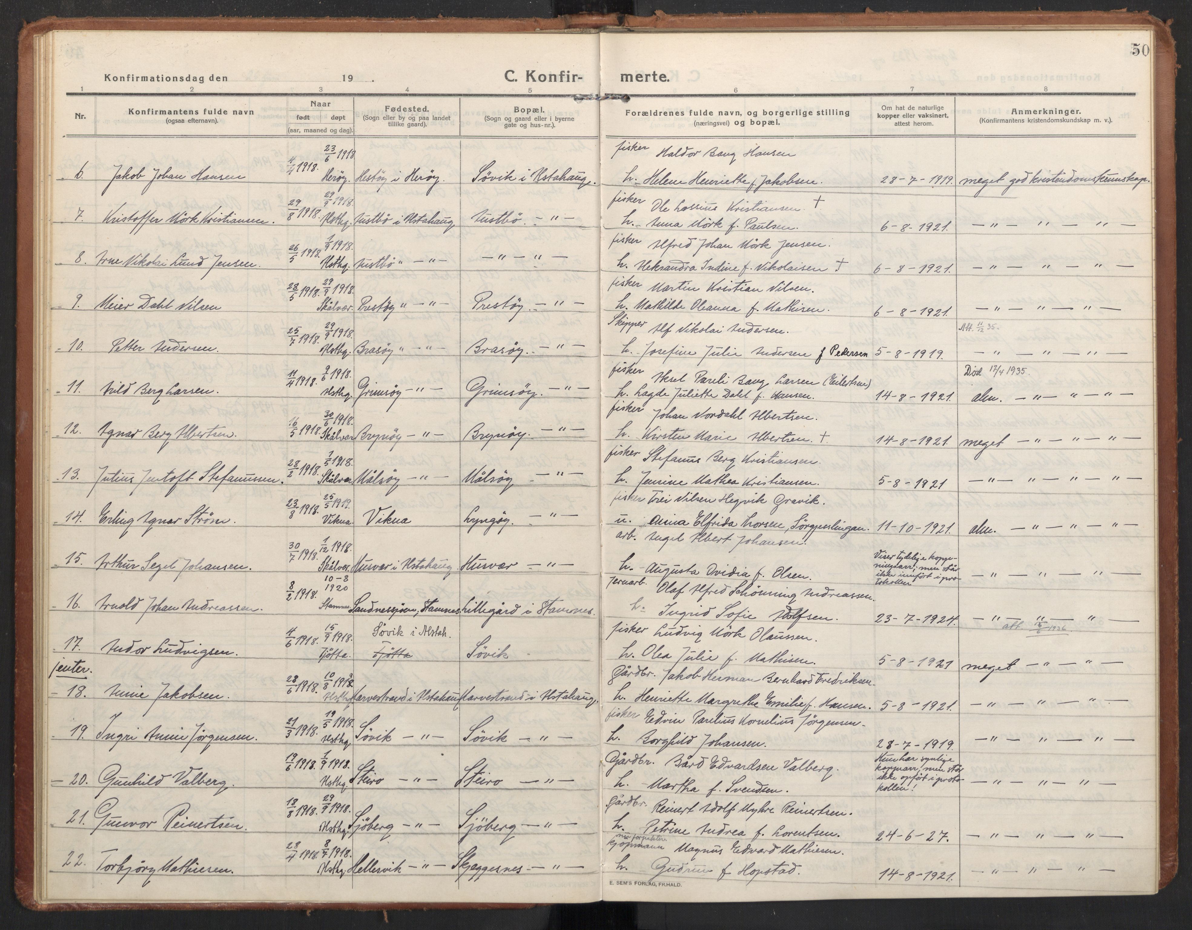 Ministerialprotokoller, klokkerbøker og fødselsregistre - Nordland, AV/SAT-A-1459/830/L0456: Parish register (official) no. 830A20, 1914-1937, p. 50