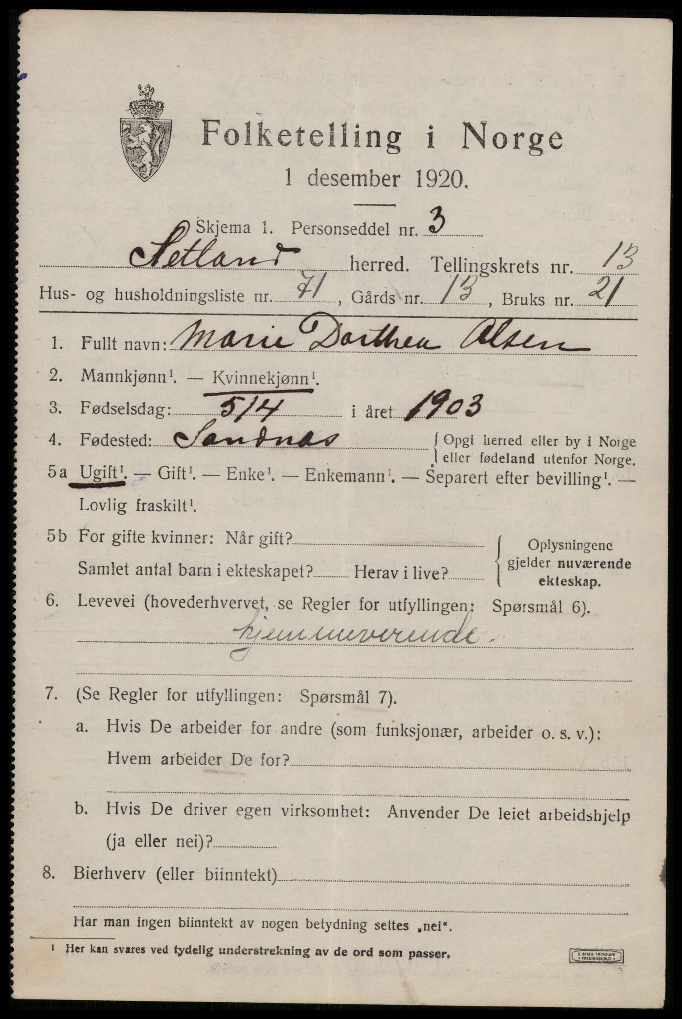 SAST, 1920 census for Hetland, 1920, p. 20883