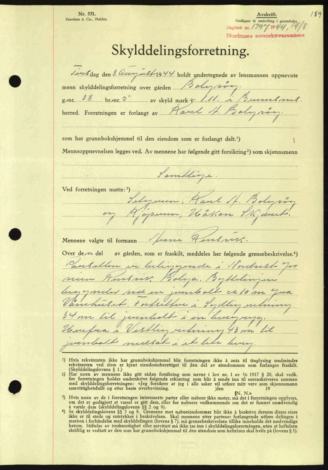 Nordmøre sorenskriveri, AV/SAT-A-4132/1/2/2Ca: Mortgage book no. A98, 1944-1944, Diary no: : 1397/1944