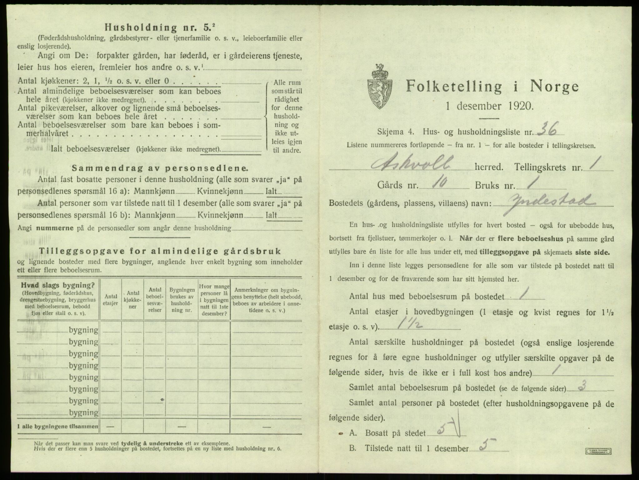 SAB, 1920 census for Askvoll, 1920, p. 143