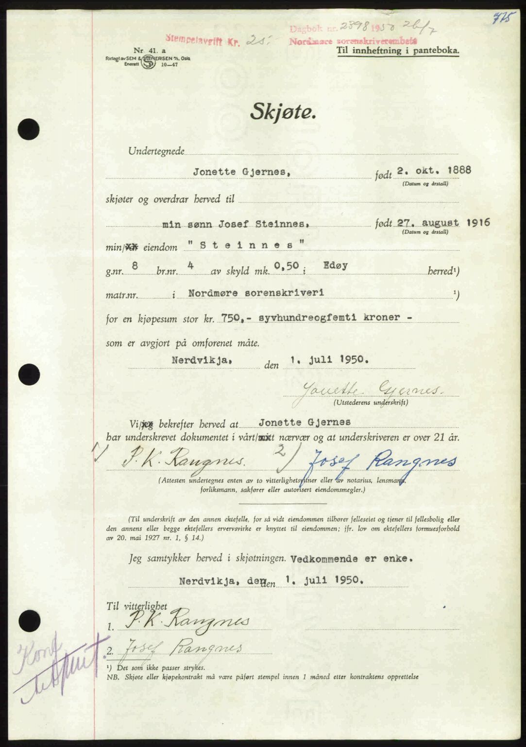 Nordmøre sorenskriveri, AV/SAT-A-4132/1/2/2Ca: Mortgage book no. A115, 1950-1950, Diary no: : 2398/1950