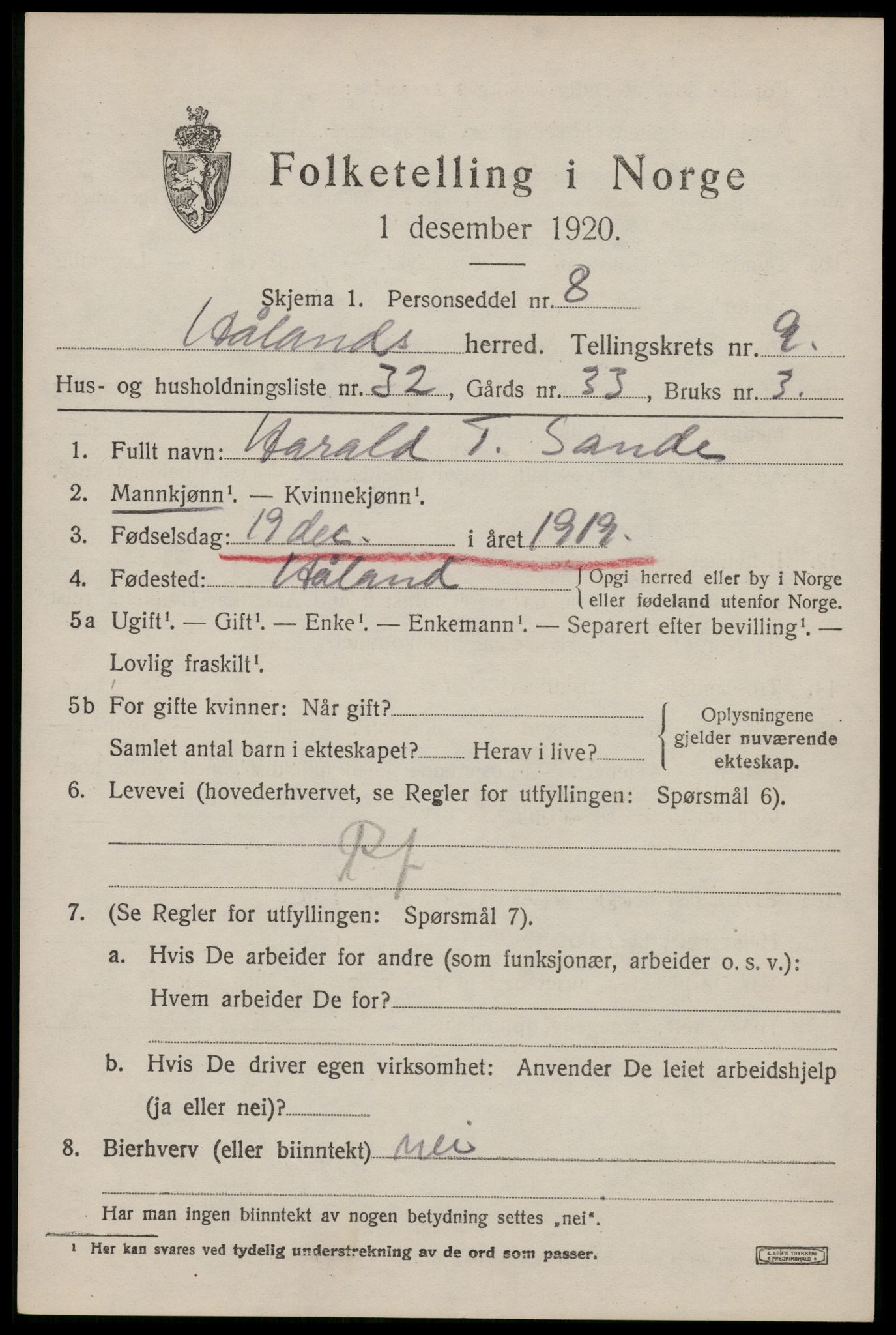 SAST, 1920 census for Håland, 1920, p. 7313