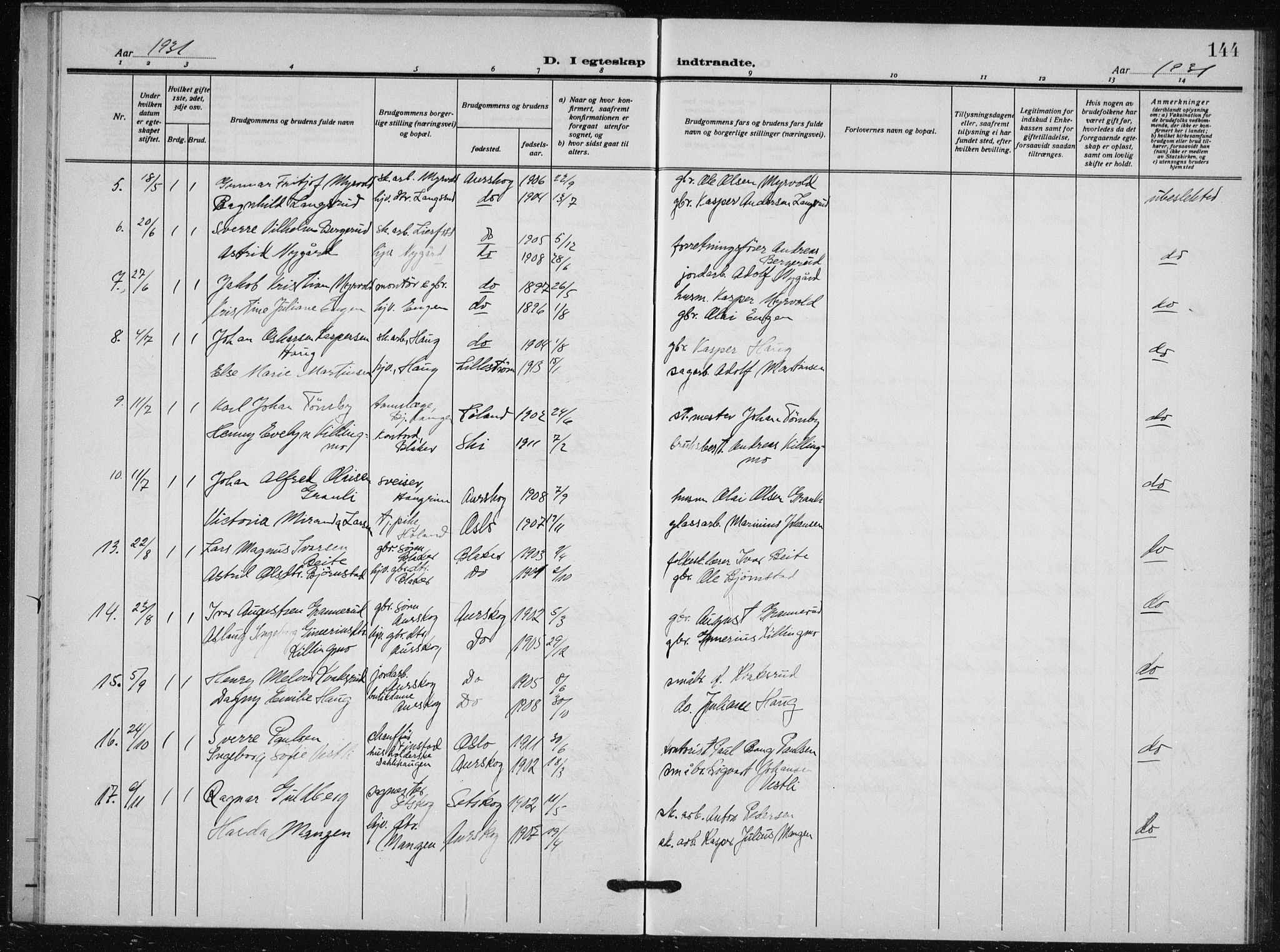 Aurskog prestekontor Kirkebøker, AV/SAO-A-10304a/G/Ga/L0006: Parish register (copy) no. I 6, 1923-1939, p. 144