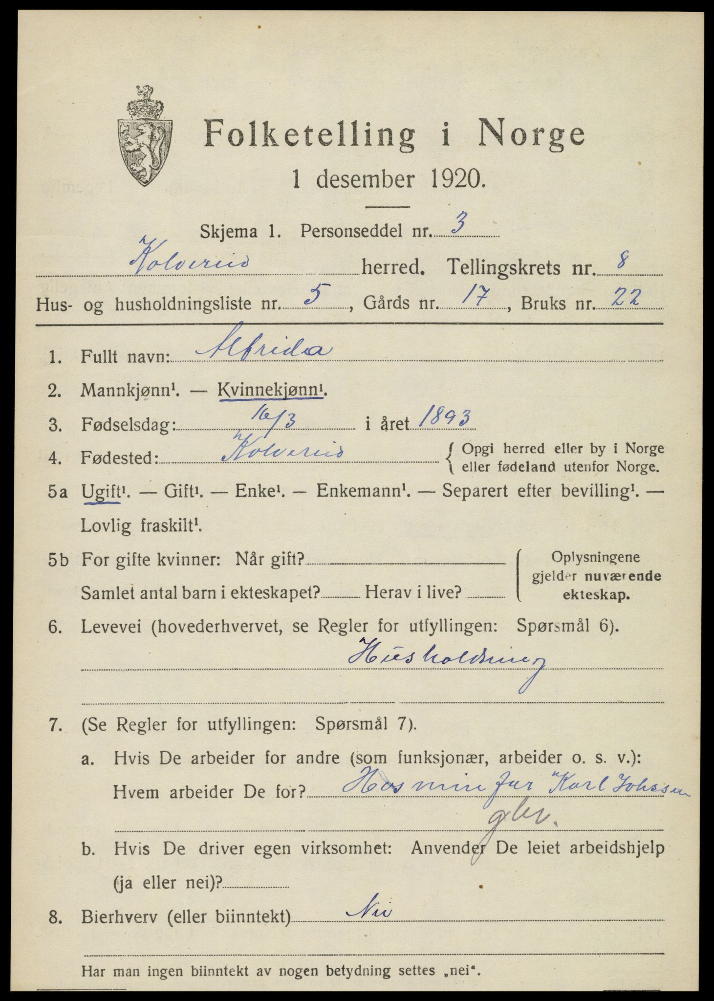 SAT, 1920 census for Kolvereid, 1920, p. 5135